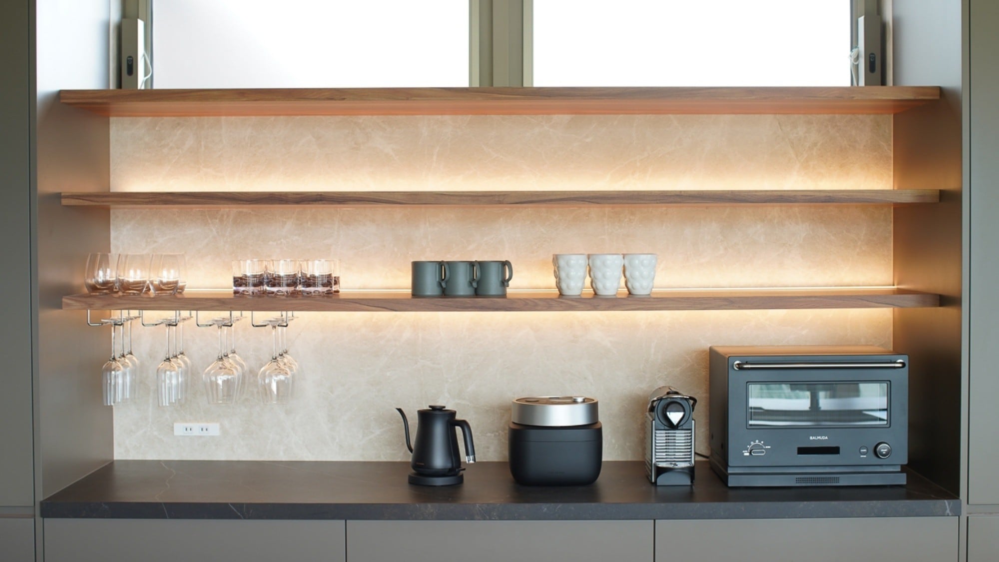 The microwave, rice cooker, and pot are all made by Balmuda.