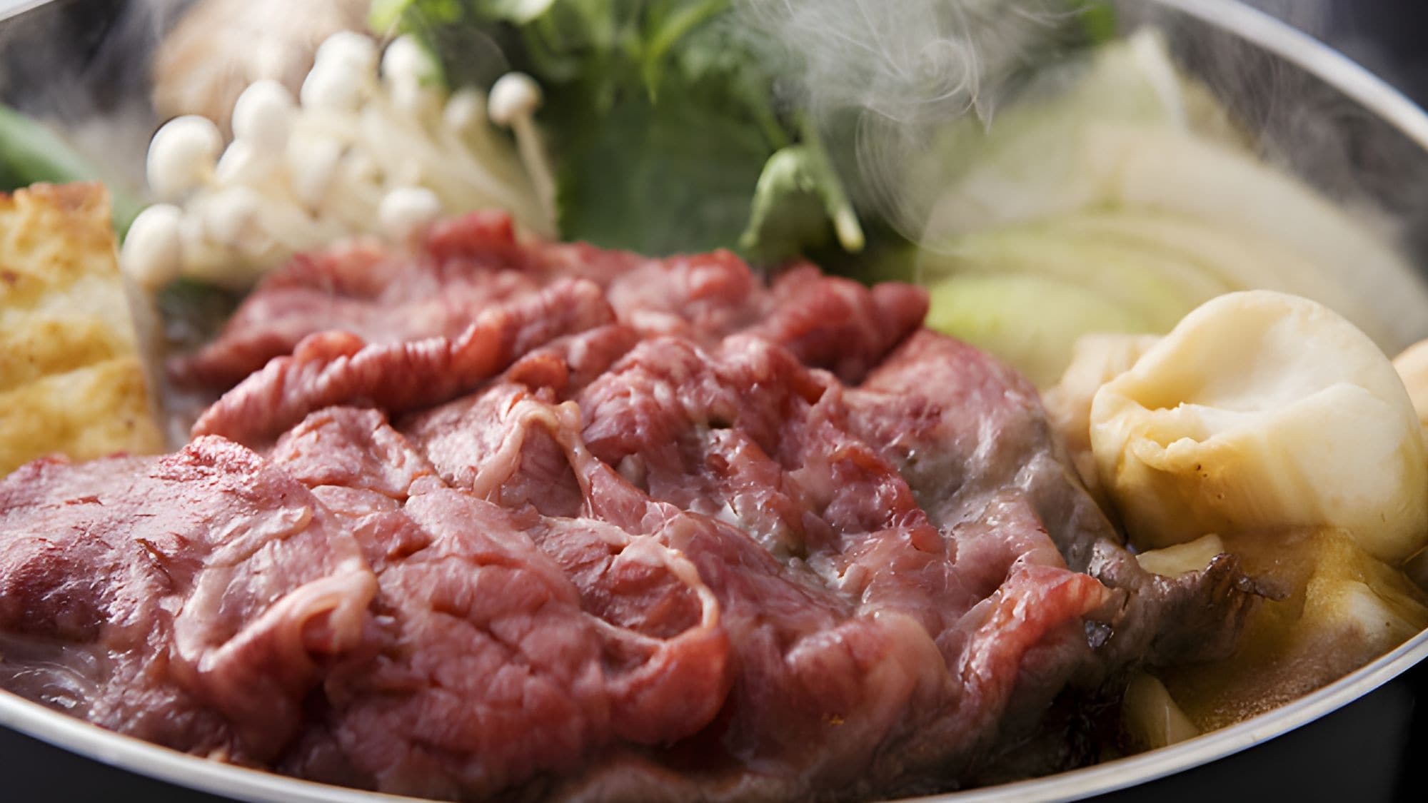 Enjoy Okayama Wagyu beef sukiyaki hotpot with our homemade warishita!