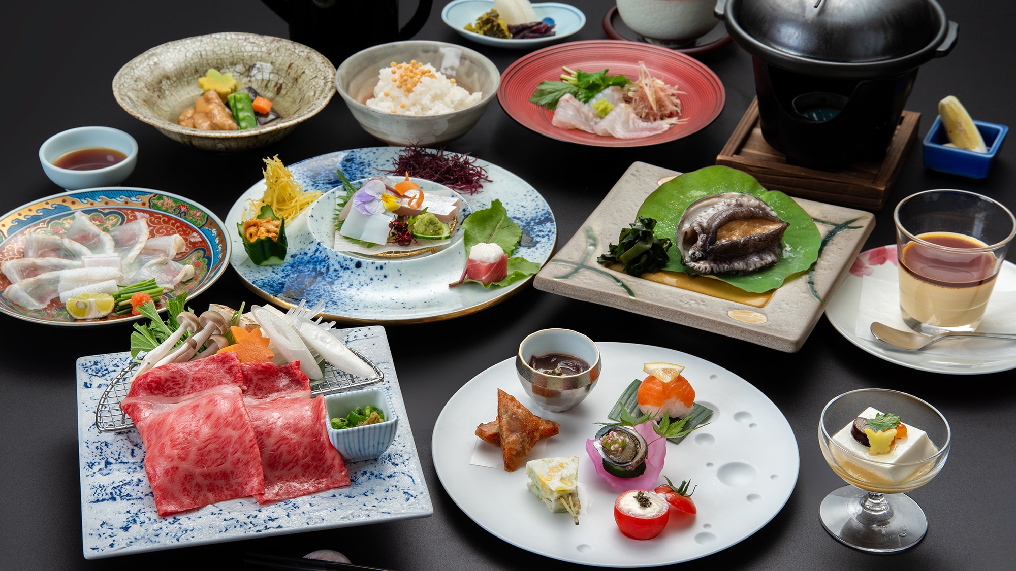 [Dinner example] Four Seasons Taste Kaiseki Course: An exquisite kaiseki course focusing on the popular flavors of Hagi's mountains and seas, including Nagahagi Wagyu beef.