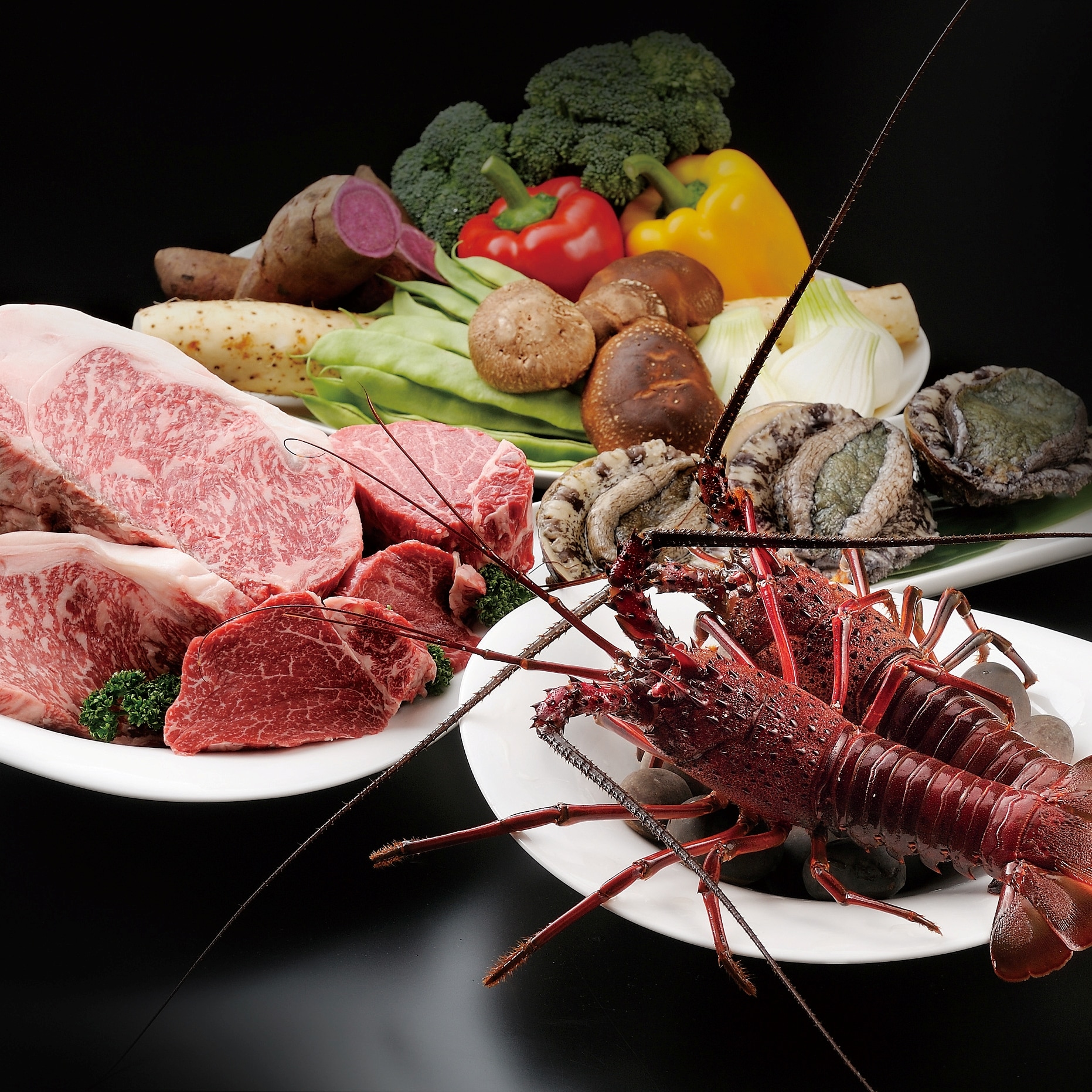 Gambar lobster berduri, abalon, daging sapi Matsusaka