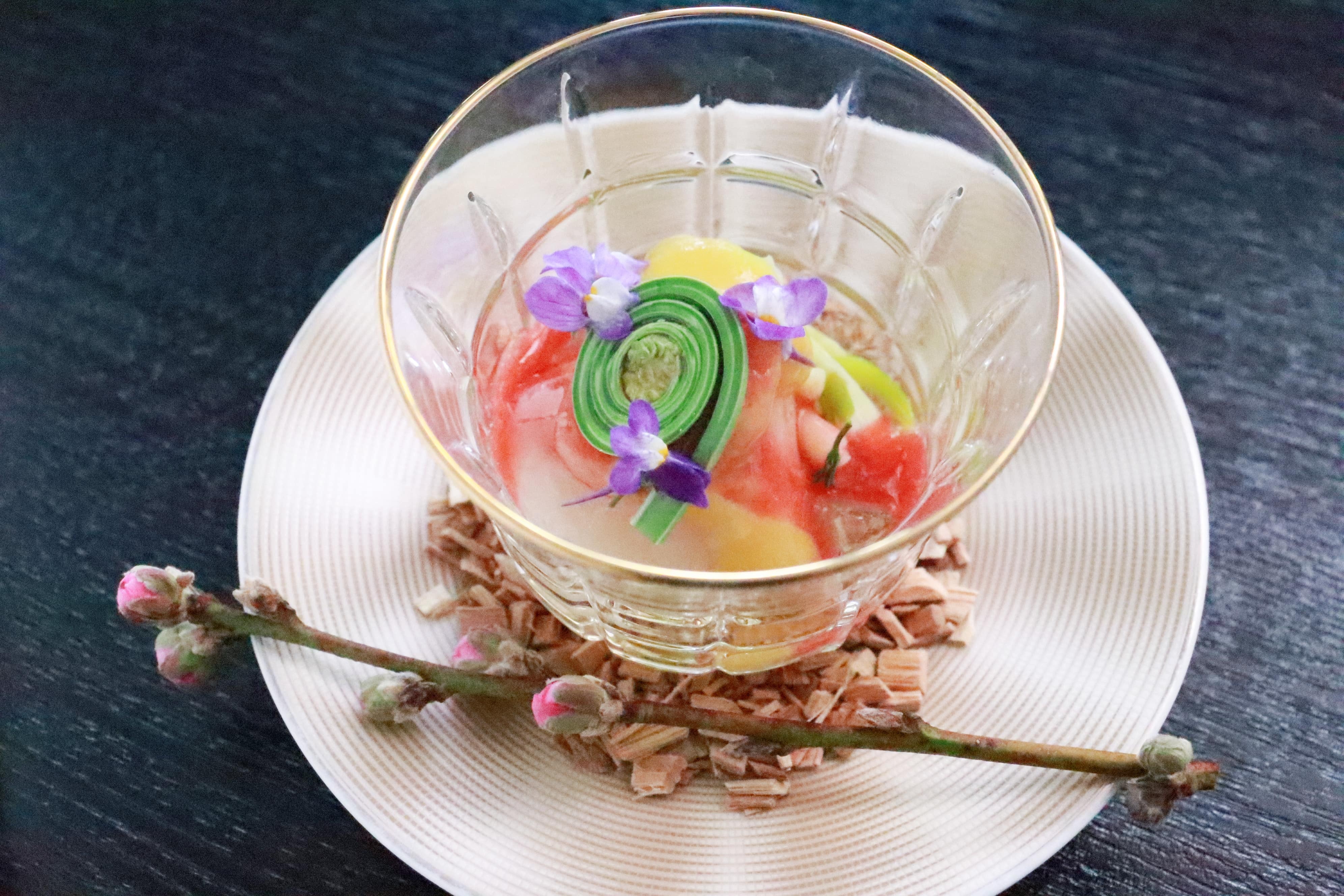 Scallops and wild vegetables in strawberry vinegar