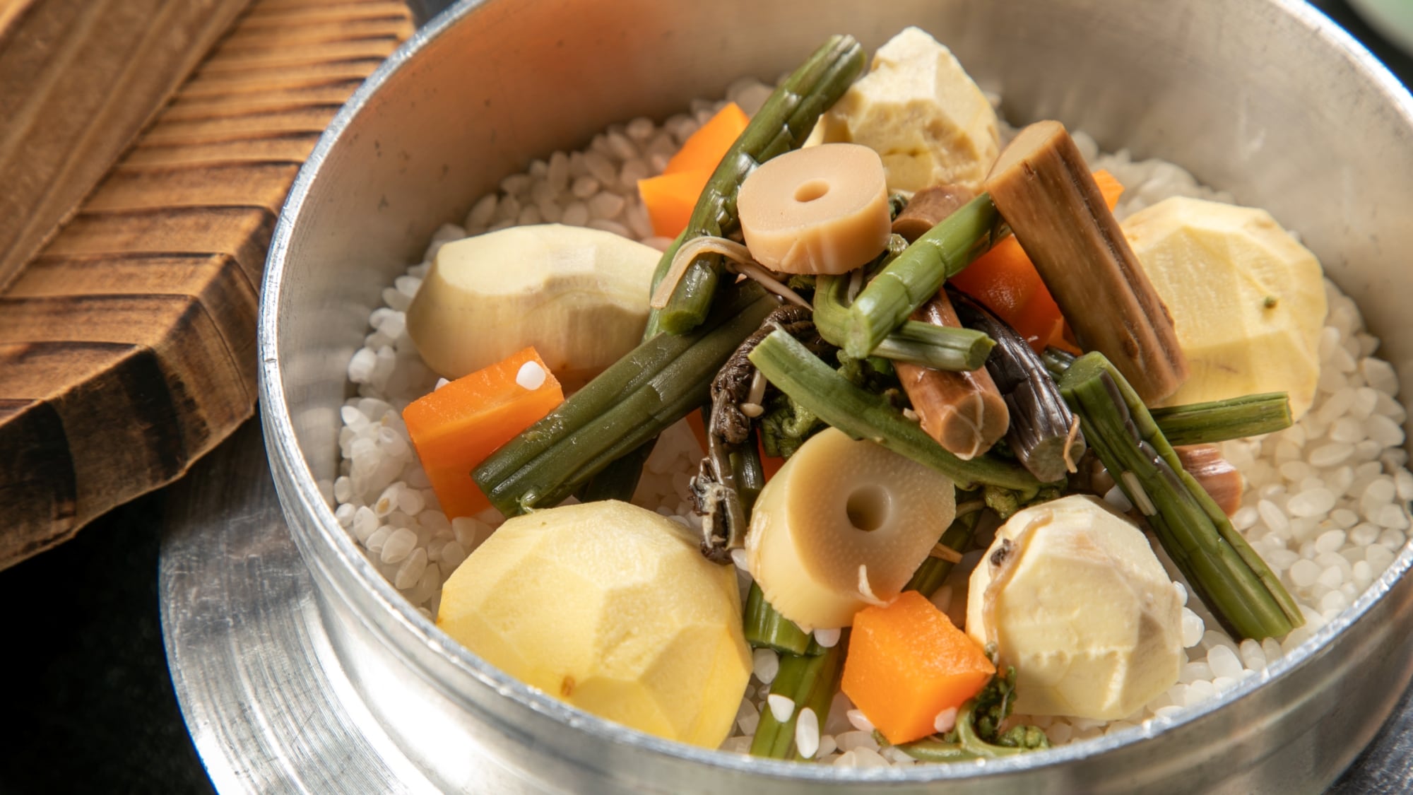 Chestnut rice casserole with steaming chestnuts