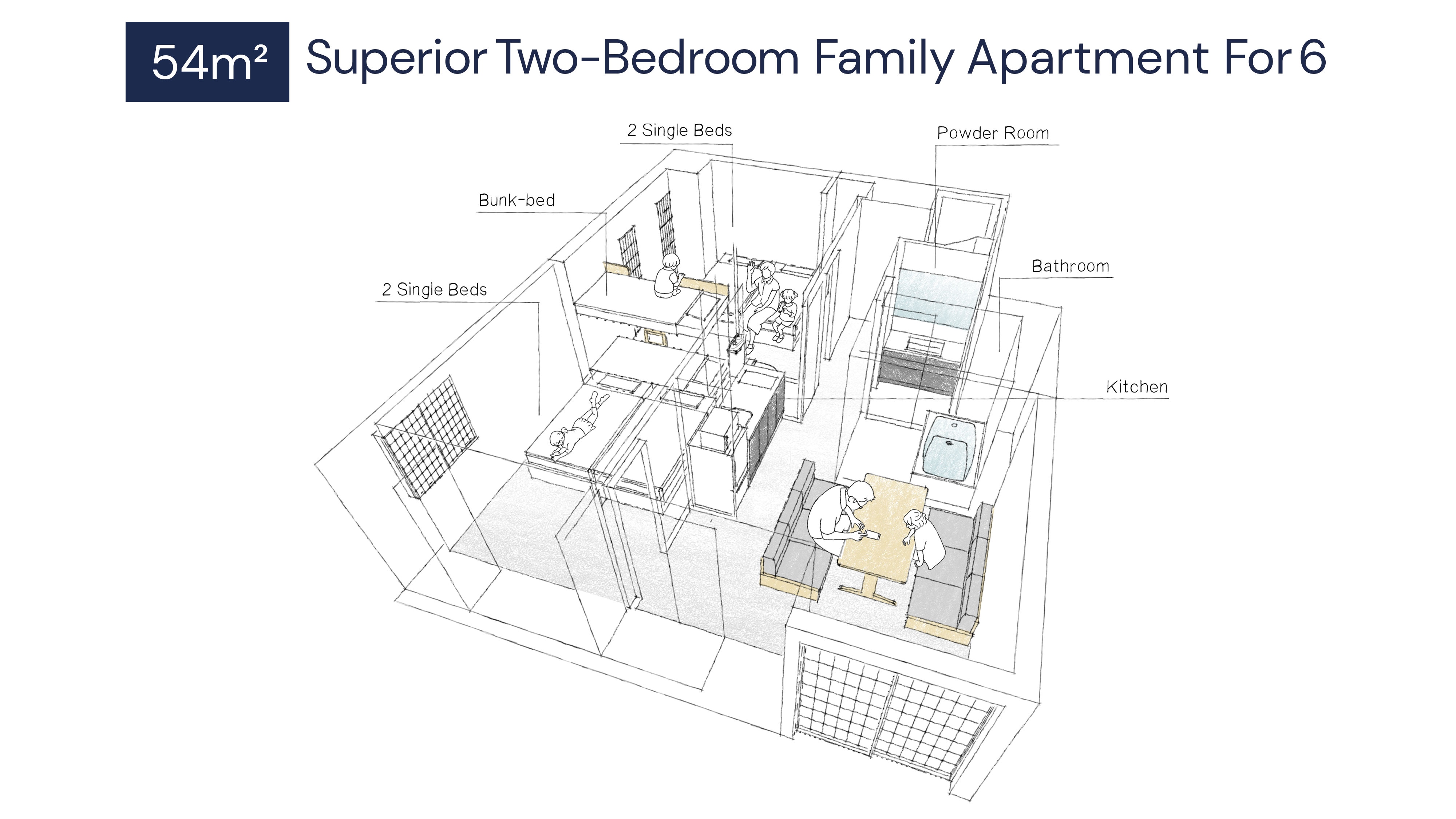 Superior 2 Bedroom Family Apartment for 6 people Floorplan