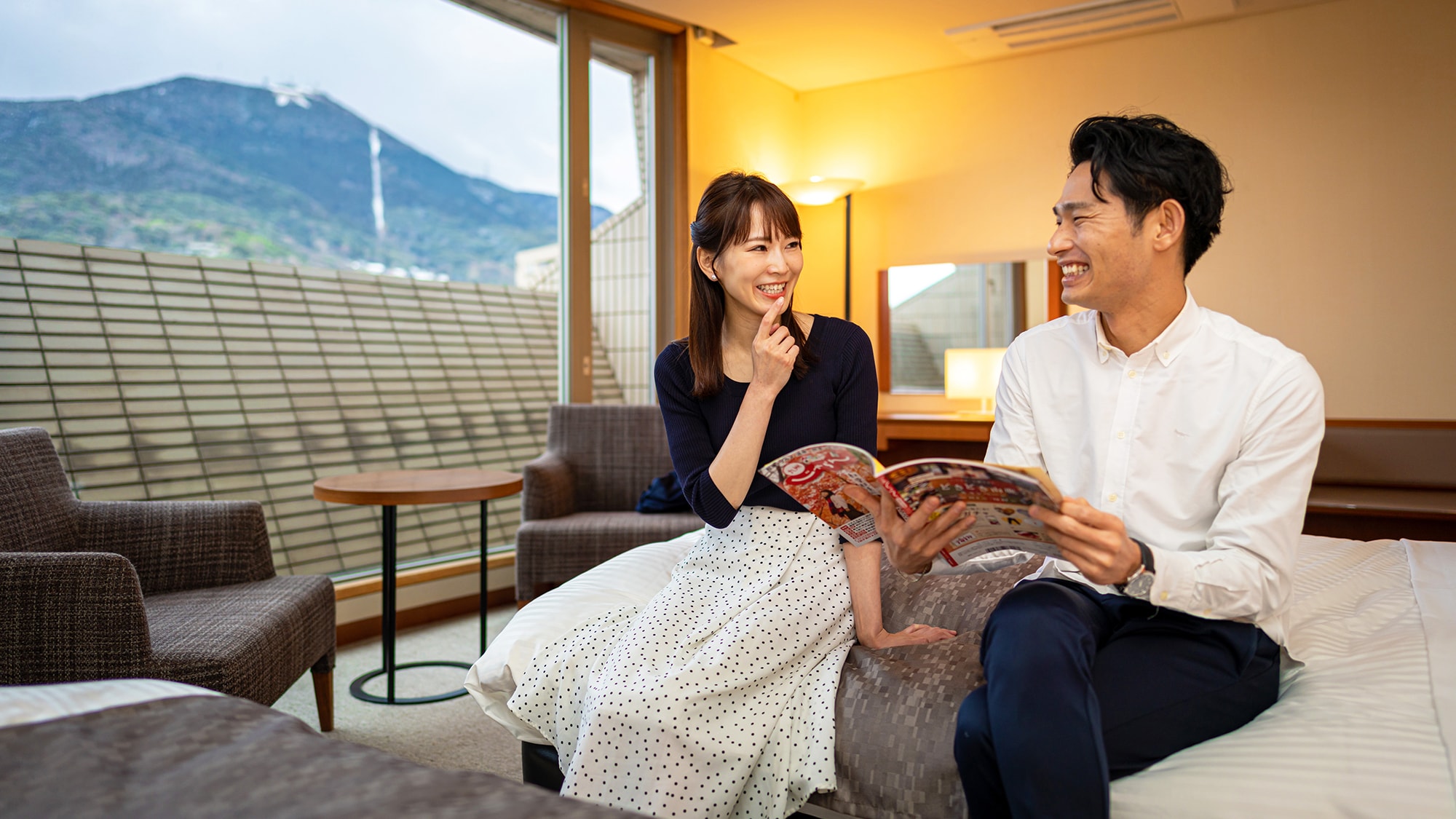 A fun travel strategy meeting while taking a rest in your room.