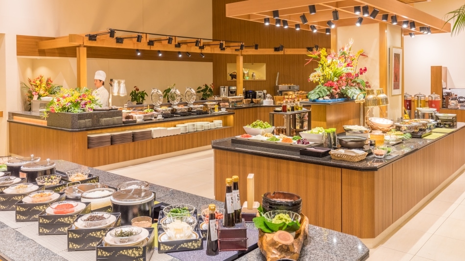 Breakfast at a buffet with Japanese and Western dishes