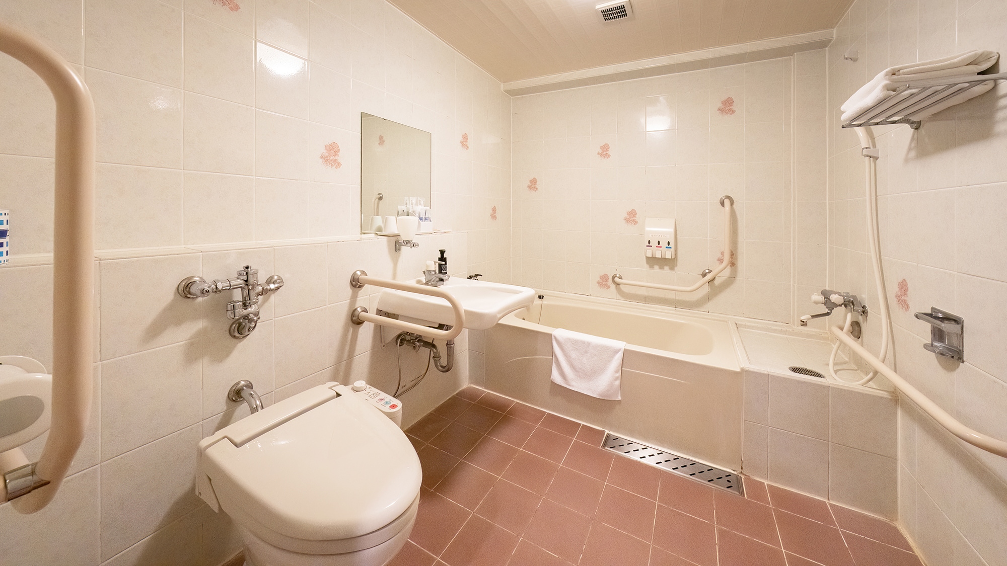 [DX Twin] The universal design bathroom is spacious with few steps.