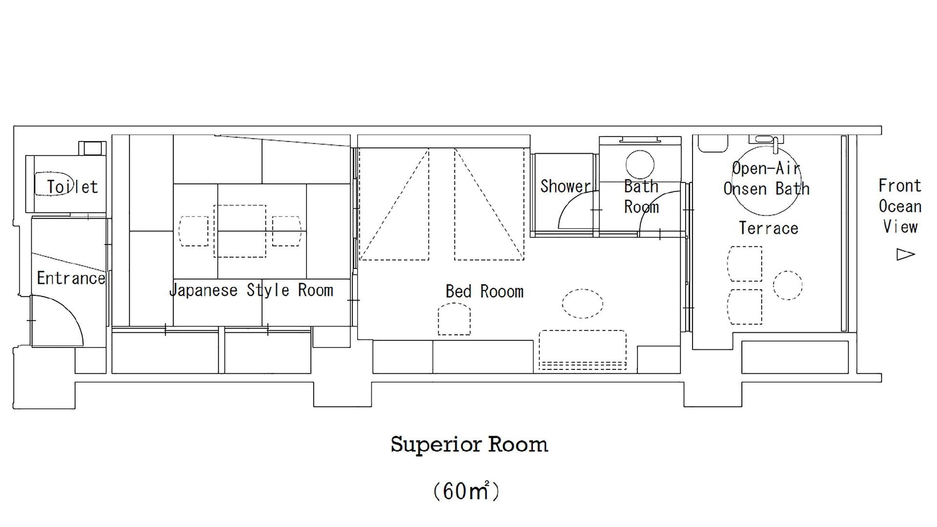 Superior room Japanese and Western room layout. An open-air hot spring bath is attached to the terrace overlooking the sea. View shower, bedroom, Japanese-style room with tatami mats.