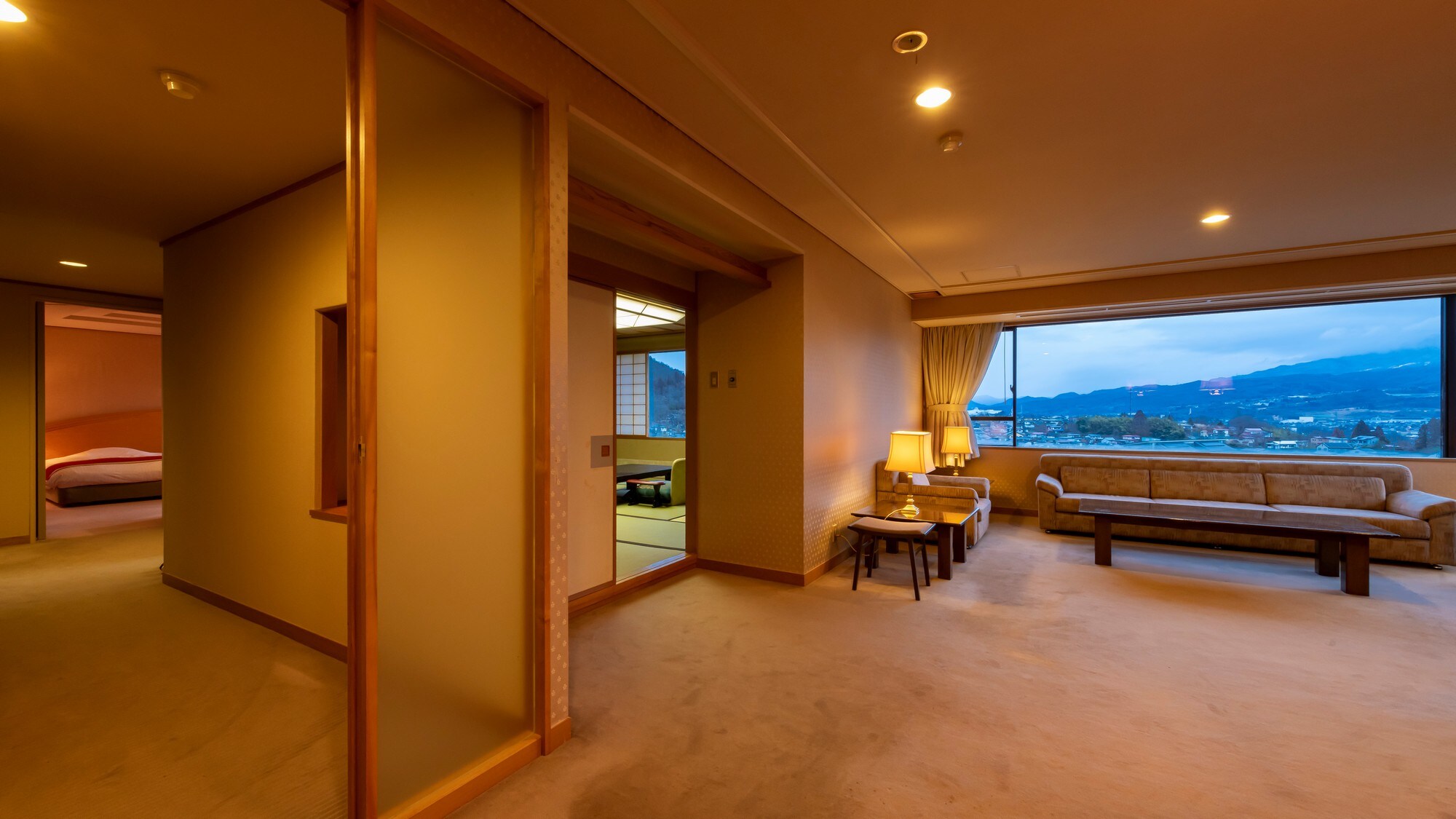 The special room "Moon Viewing" boasts a panoramic view of the Zao mountain range and the town of Kaminoyama.
