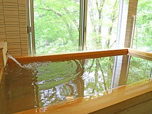 Outside the windows of the main building's Hinoki no Yu bath is a green forest. The scent of hinoki wood will give you a relaxing time.