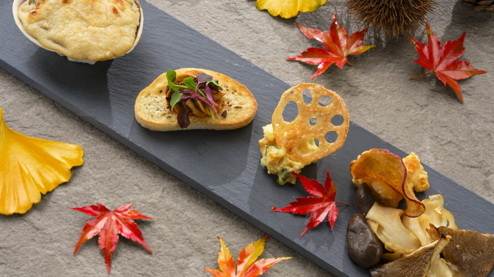 [Kue Kaiseki Khas Lokal] Musim Gugur (September-November 2026) Hidangan ala Barat: Gratin kerang, Bruschetta hati ikan monkfish