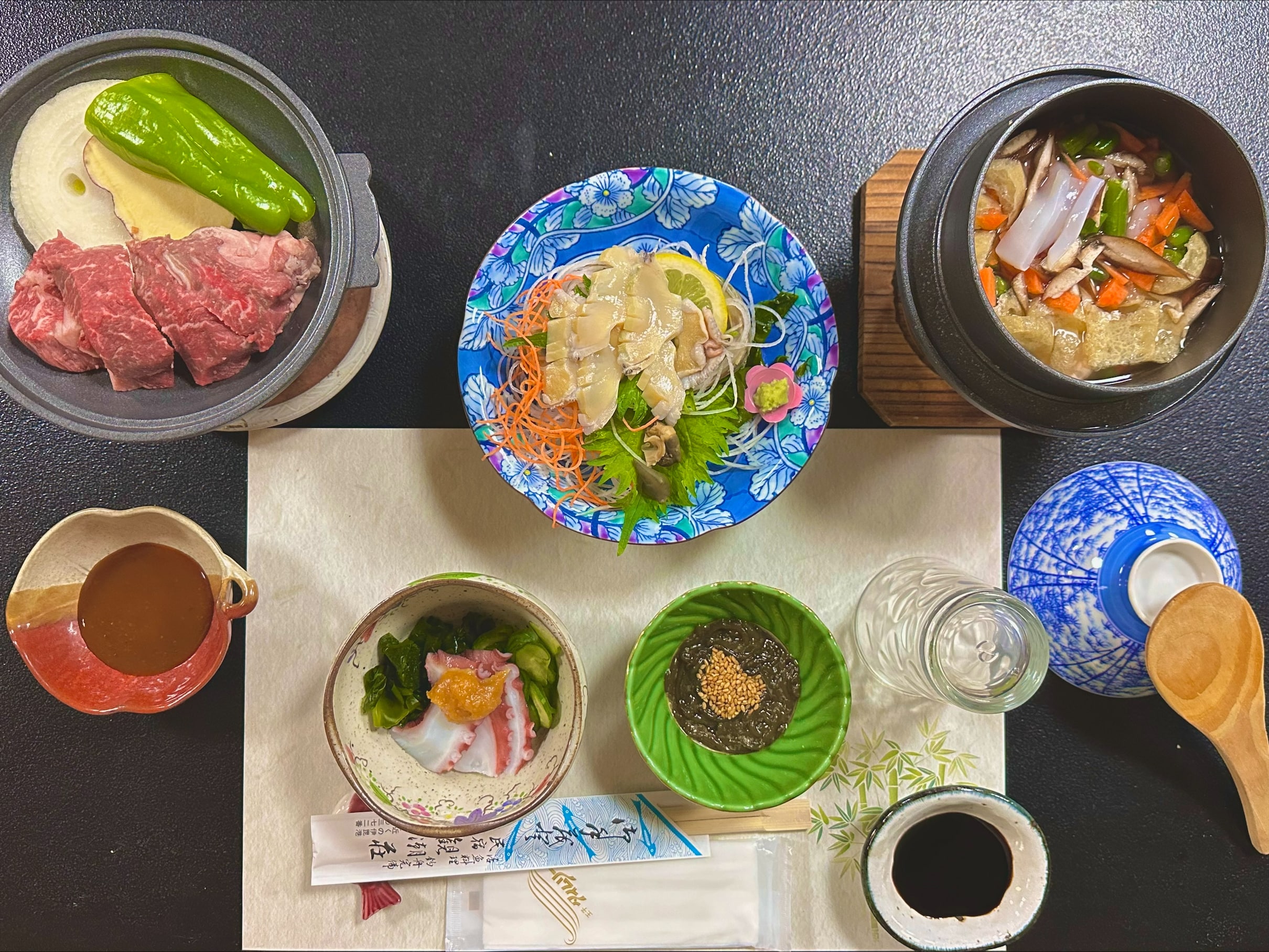 淡路牛排、鍋飯、生鮑魚
