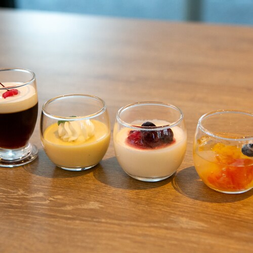 Various desserts such as fluffy pudding by hotel pastry chef