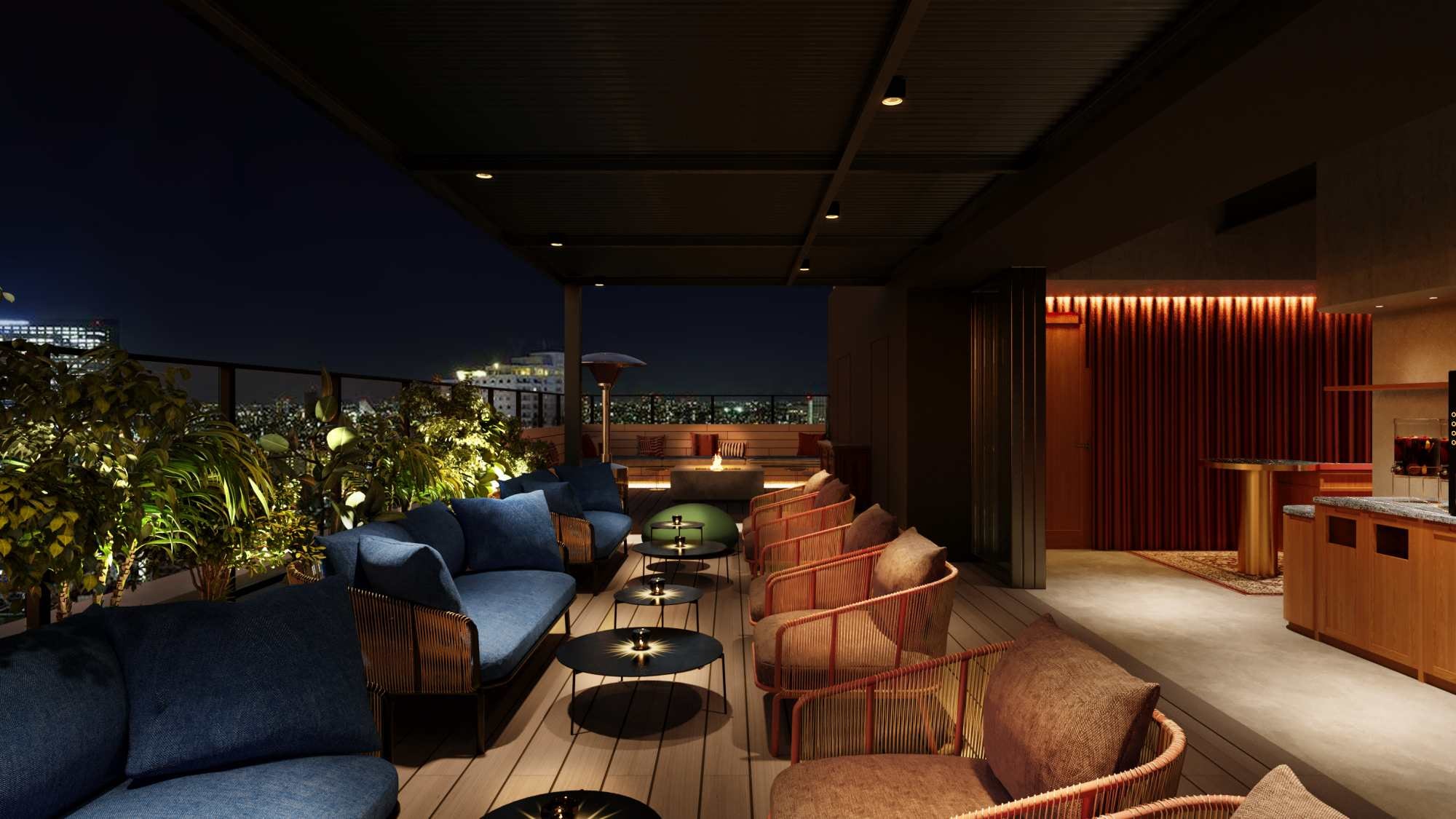 [11th floor terrace] Enjoy a night view while enjoying drinks and alcohol. A relaxing and open space with a fireplace.