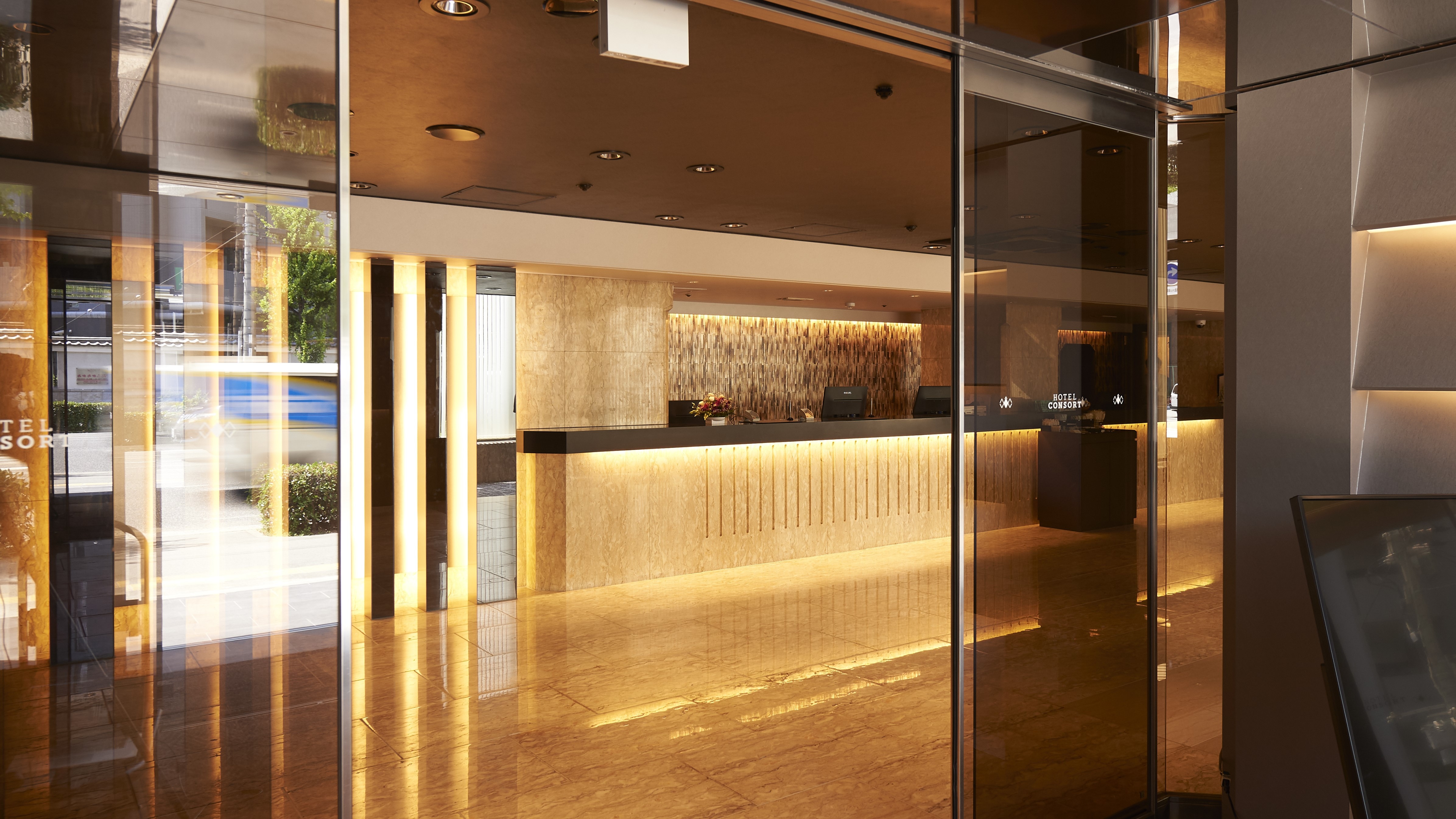 Hotel entrance and front desk: We are available 24 hours a day to assist you with your stay.