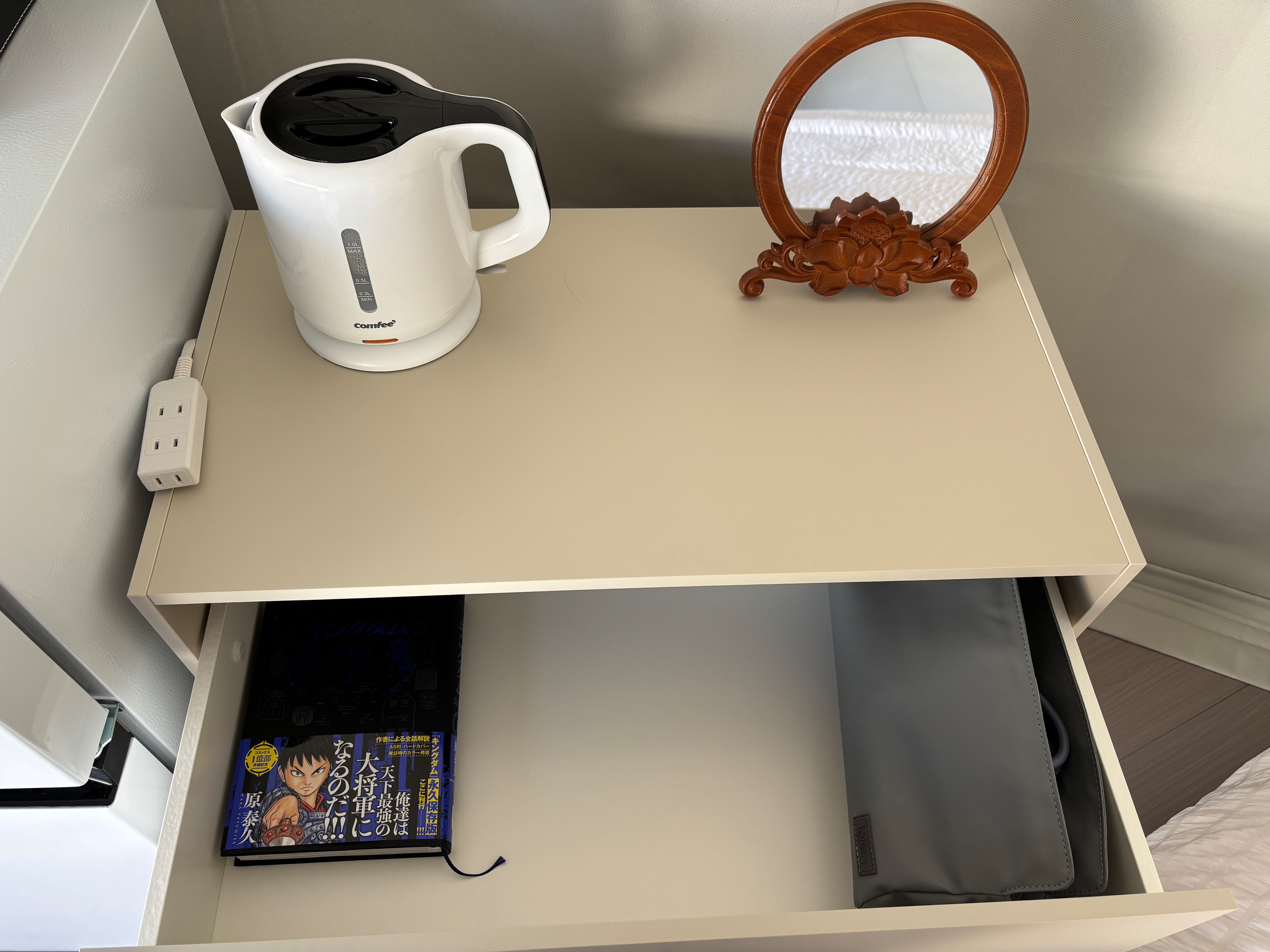 Room facilities: hot water pot, mirror, hair dryer, comics