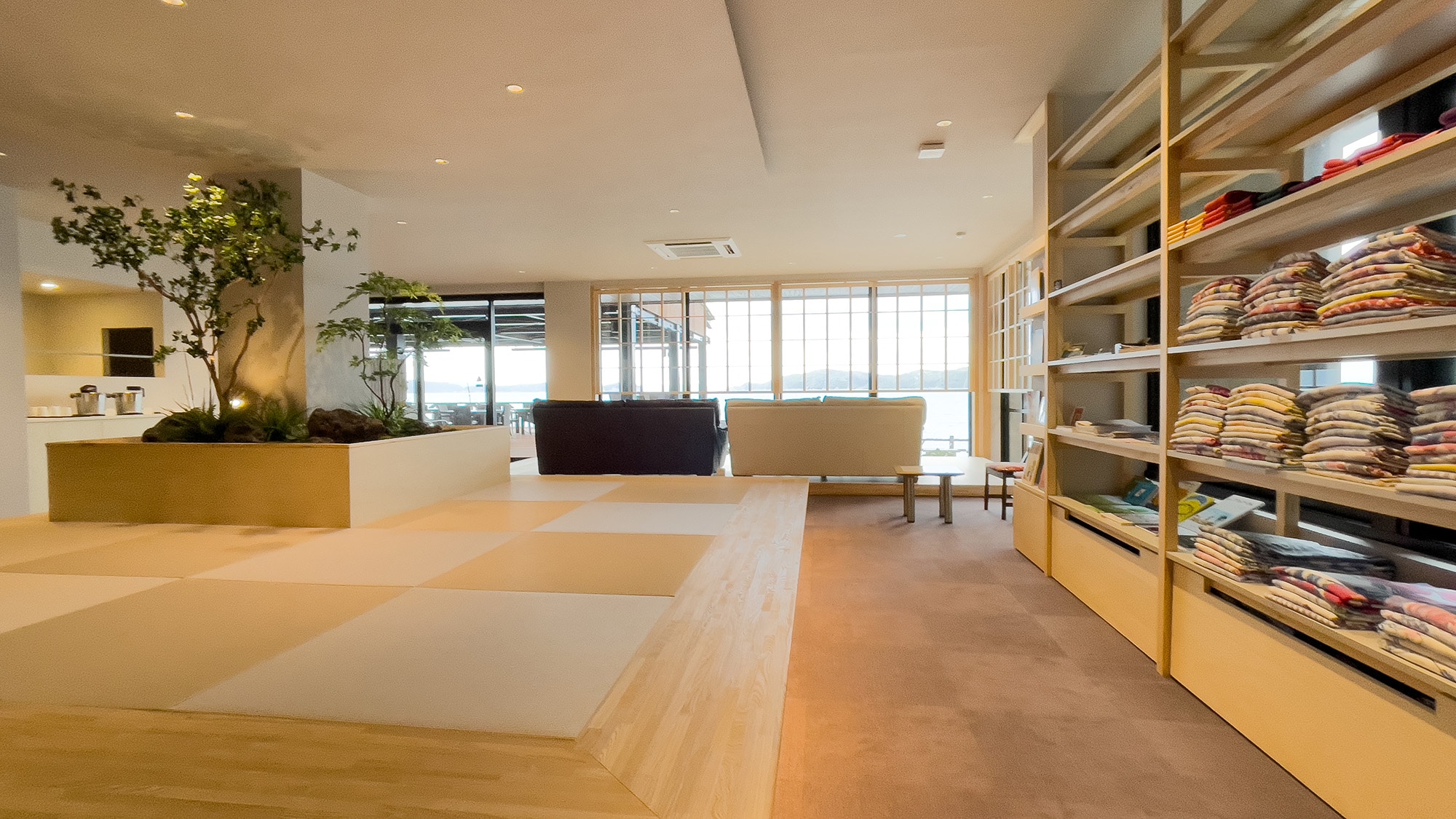 A relaxing lobby overlooking the Kitan Straits
