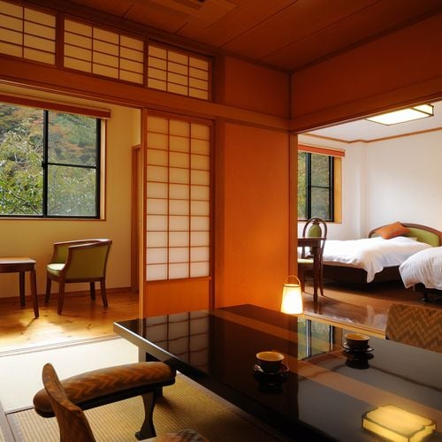 ◆Dilarang Merokok◆ [Gedung Baru (tepi sungai)] Kamar bergaya Jepang-Barat (kamar bergaya Jepang dengan 8 tatami + beranda lebar + tempat tidur twin) / [Shuuka] Kamar bergaya Jepang dengan 8 tatami + tempat tidur twin