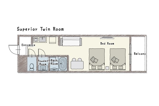 It is a floor plan of a superior twin room