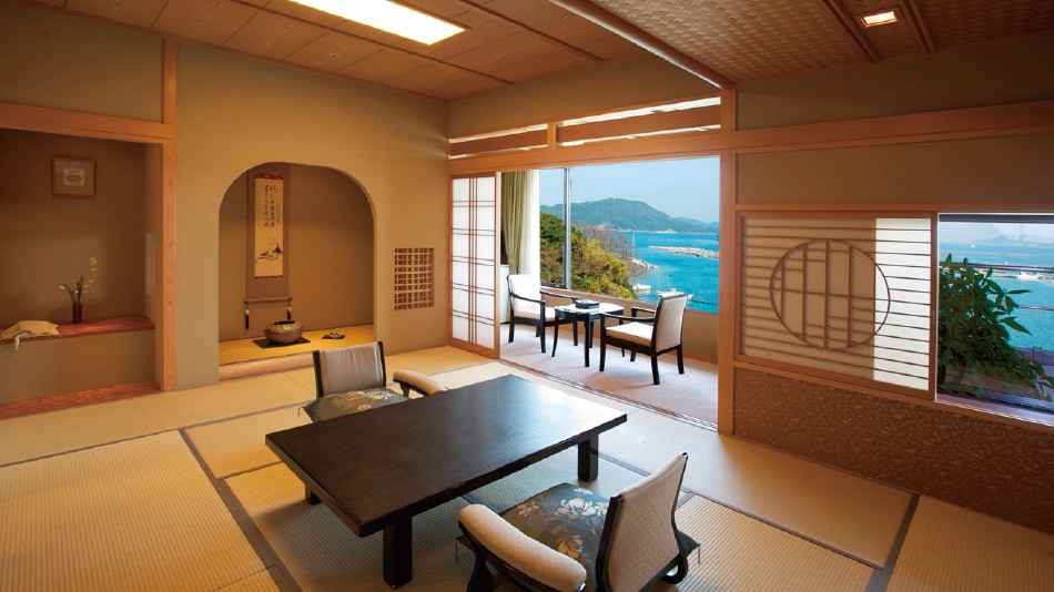 Guest room with open-air bath (with cypress indoor bath) Japanese-style room with a view of the sea 12 tatami mats + 6 tatami mats (Kiwakai / Tokinagomi)