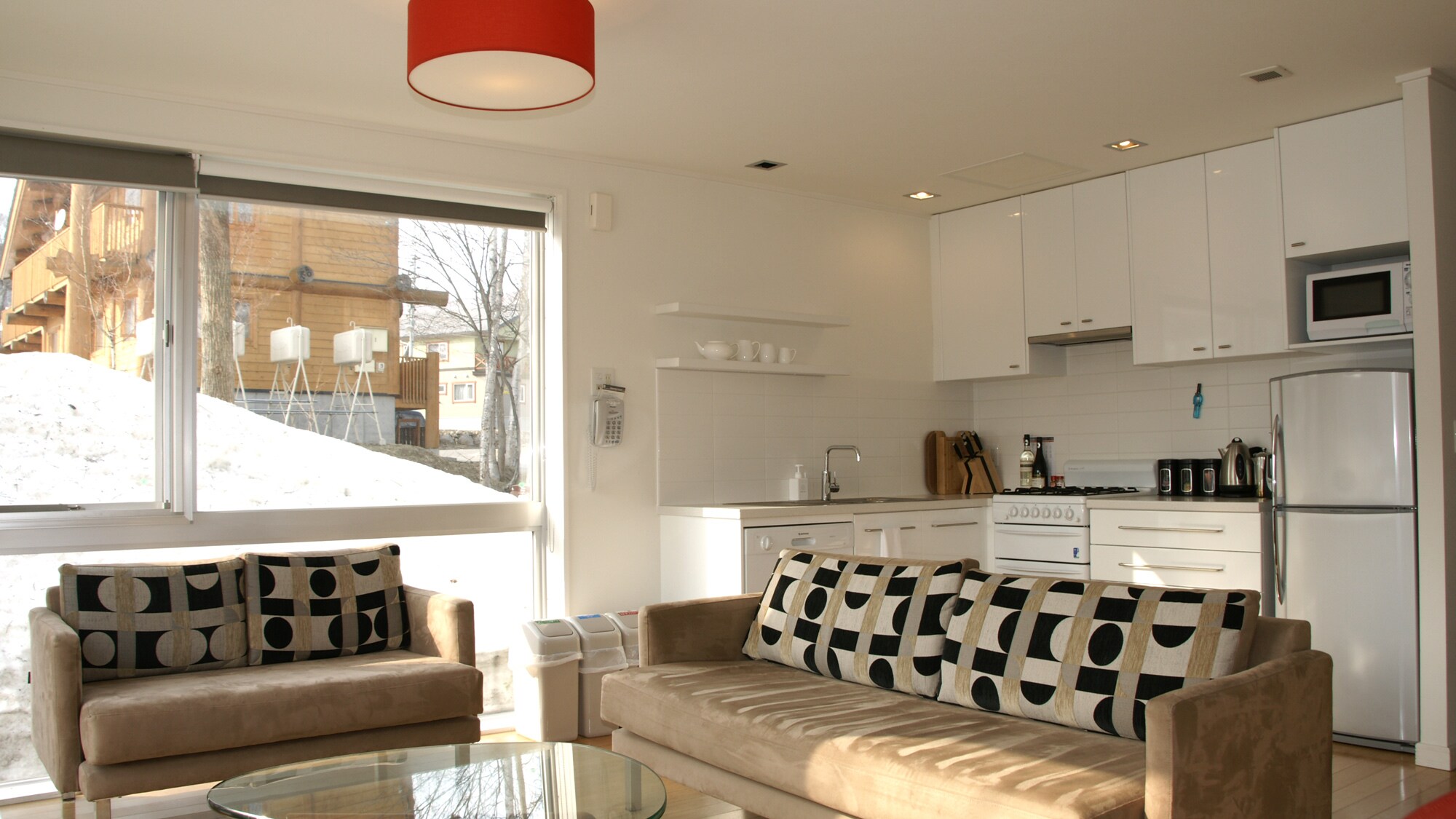 The living room is decorated in calming colors.