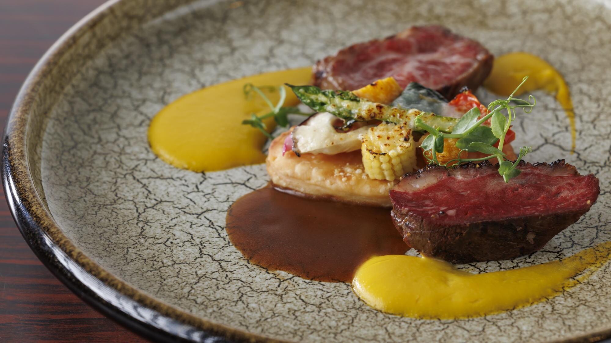 Summer Kaiseki French: Charbroiled Tochigi Wagyu beef with spiced roasted summer duck