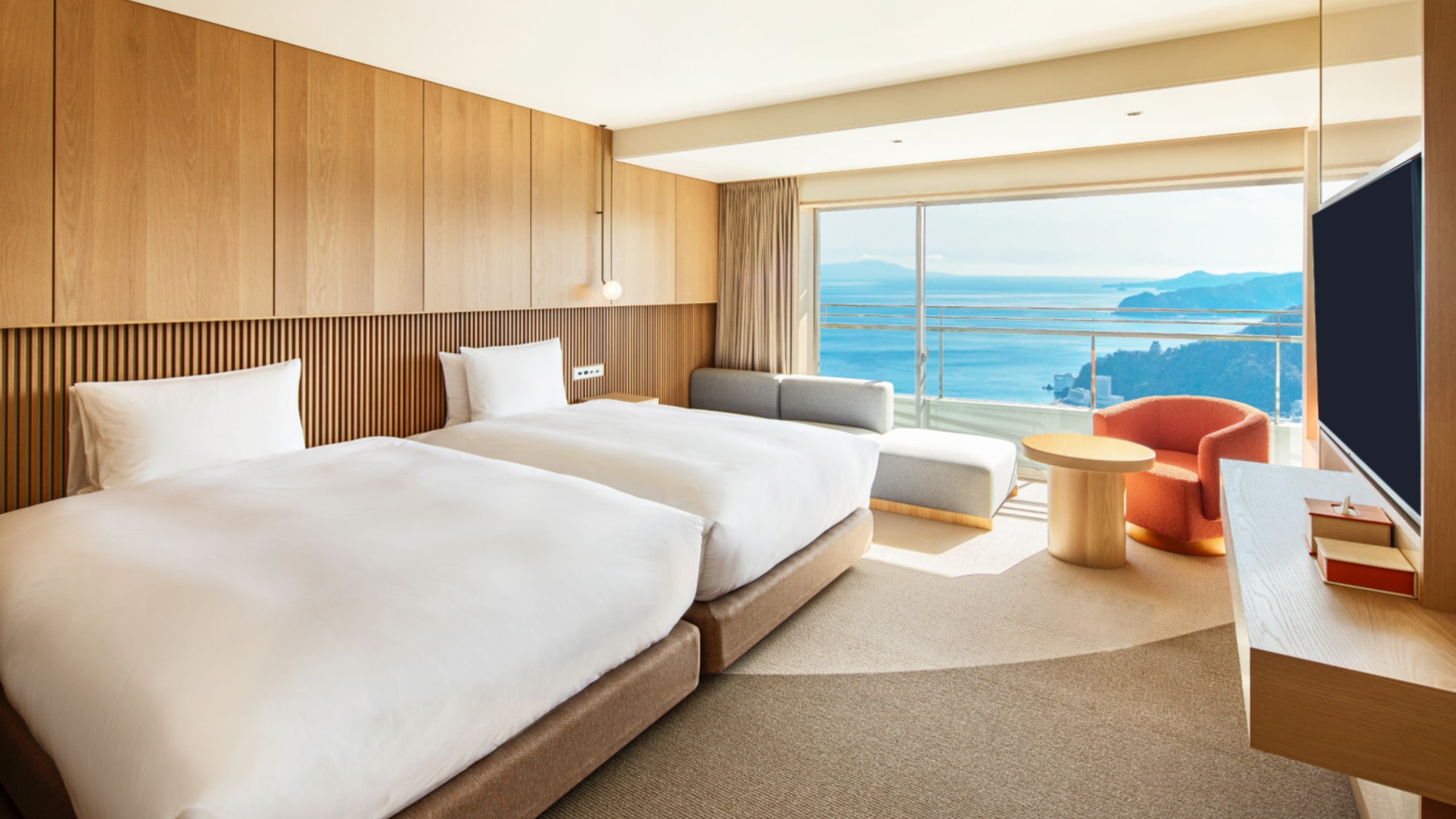 [View Bath Hot Spring Hollywood Twin] A room featuring a view of the greenery of the trees from the window and an open view bath.