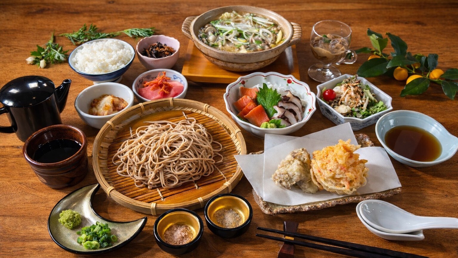 Một món ăn theo mùa với mì soba kiều mạch thơm lừng 100% và tôm tempura hoa anh đào.