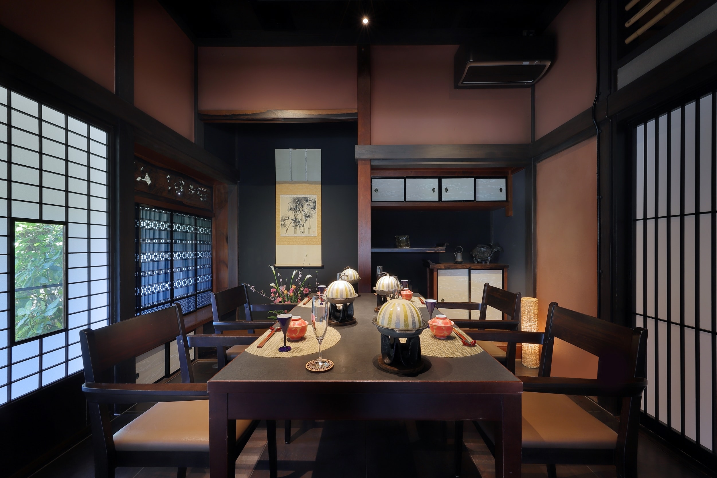 The main restaurant has private rooms (example of chairs and table seating)