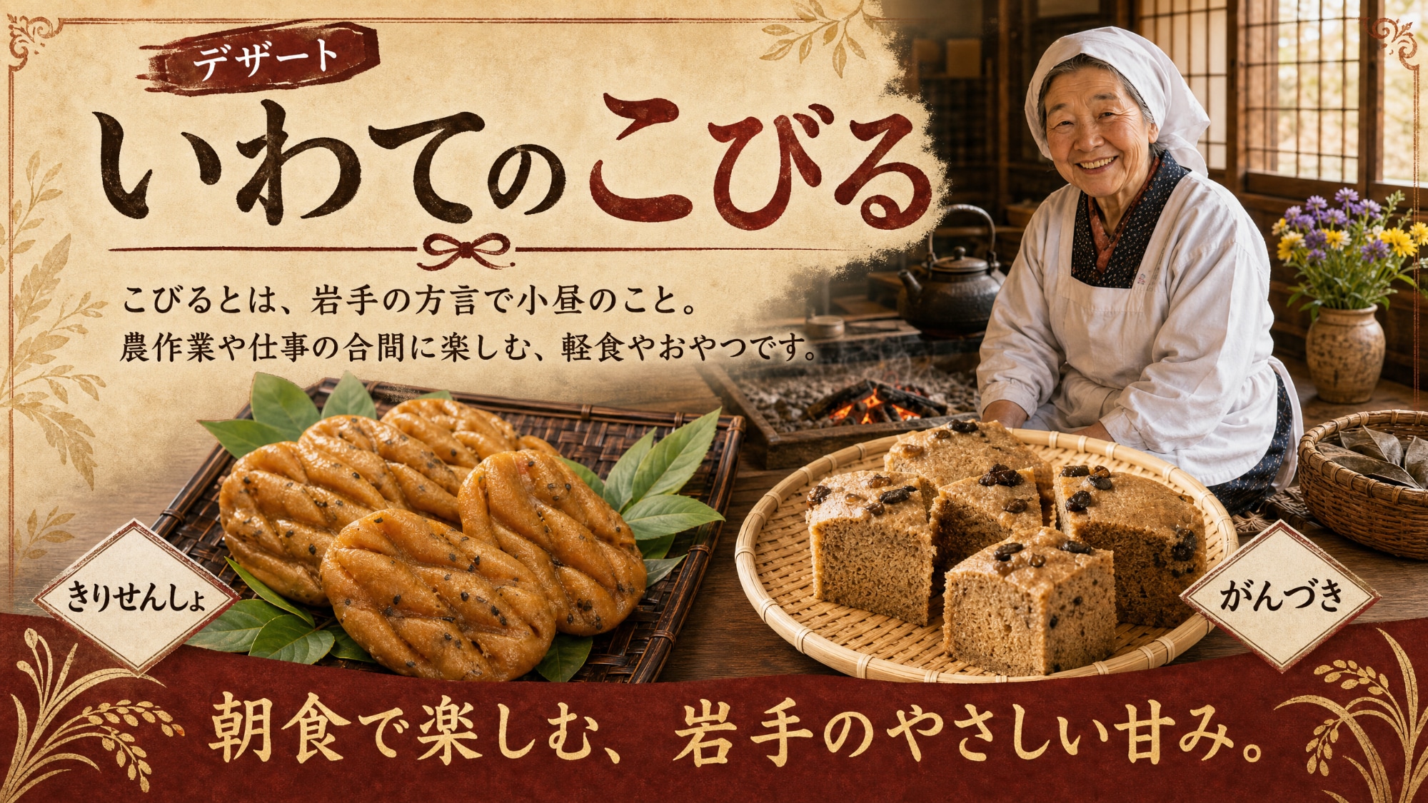 在岩手方言中，「kobiru」指的是零食。不妨稍作休息，品嚐一下「kobiru」的簡單甜味。