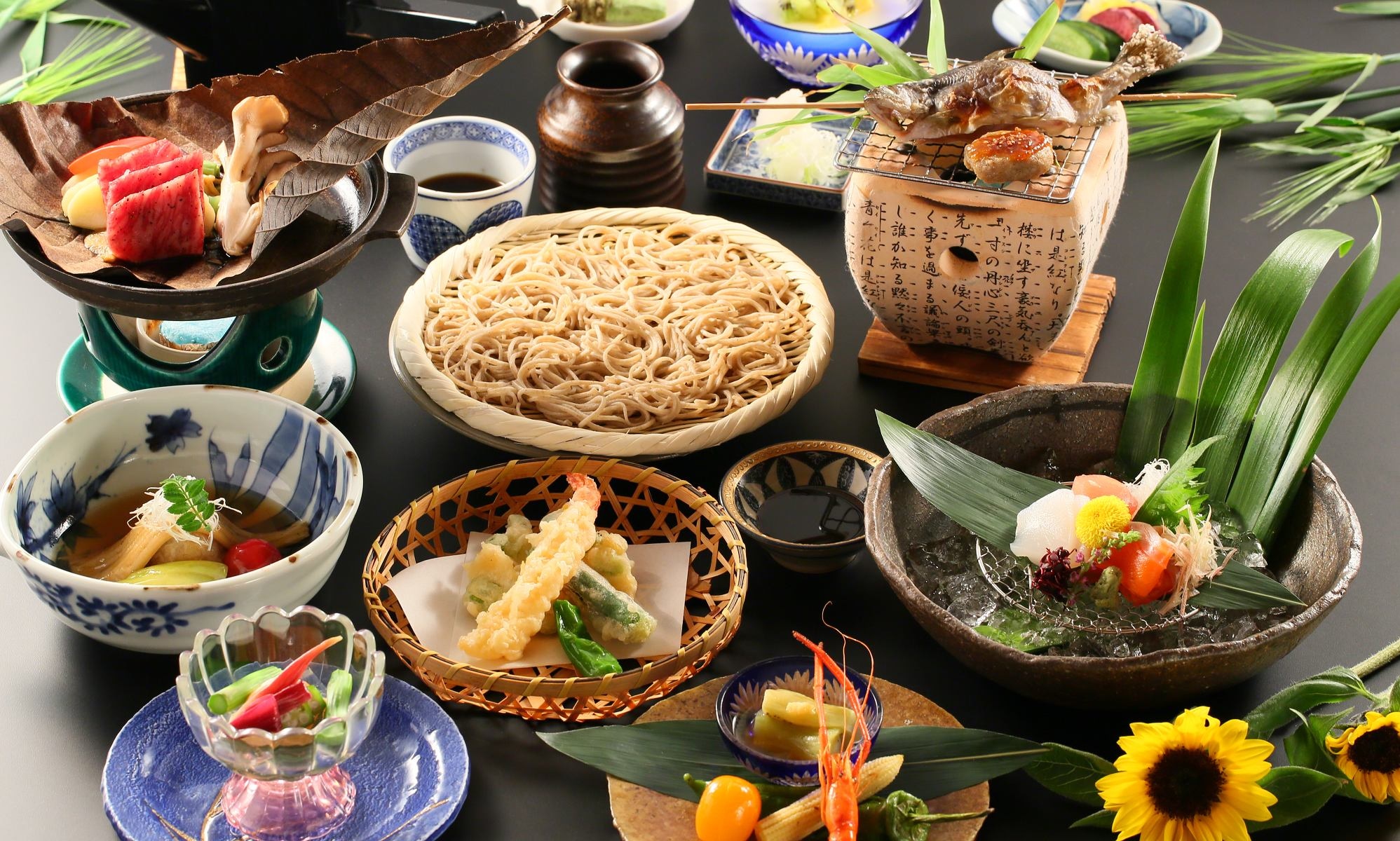 ■基本信州懷石懷石套餐<蘋果味噌和木蘭葉烤信州牛肉＆鹽烤岩鱒魚＆手工蕎麥麵>示例