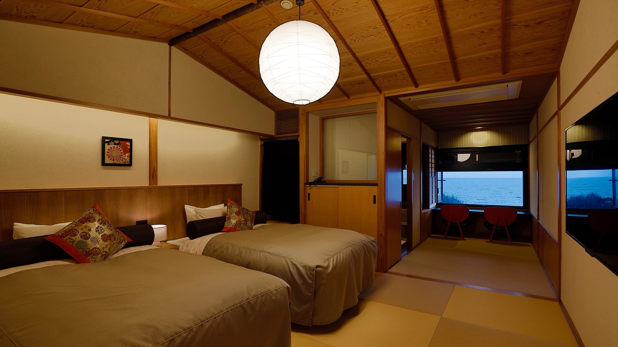 [ชิซูกะโนะอุมิ] พร้อมอ่างอาบน้ำแบบพาโนรามิค ◆ เตียงสไตล์ญี่ปุ่นแบบริวกิวทาทามิ [ปรับปรุงใหม่ในเดือนธันวาคม พ.ศ. 2547]