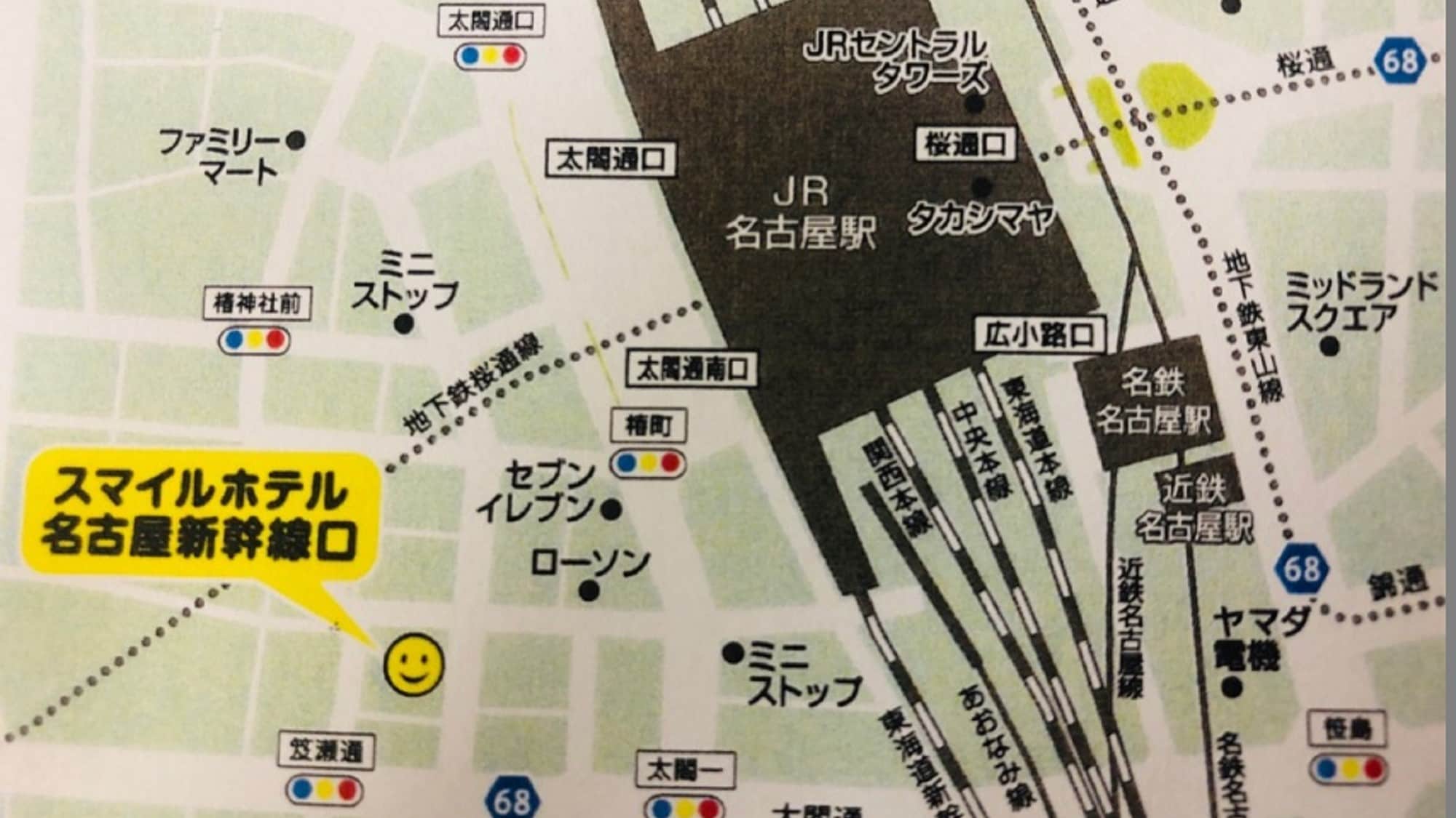 这是从名古屋站到我们微笑酒店的地图。这是名古屋站太阁通出口的地图。
