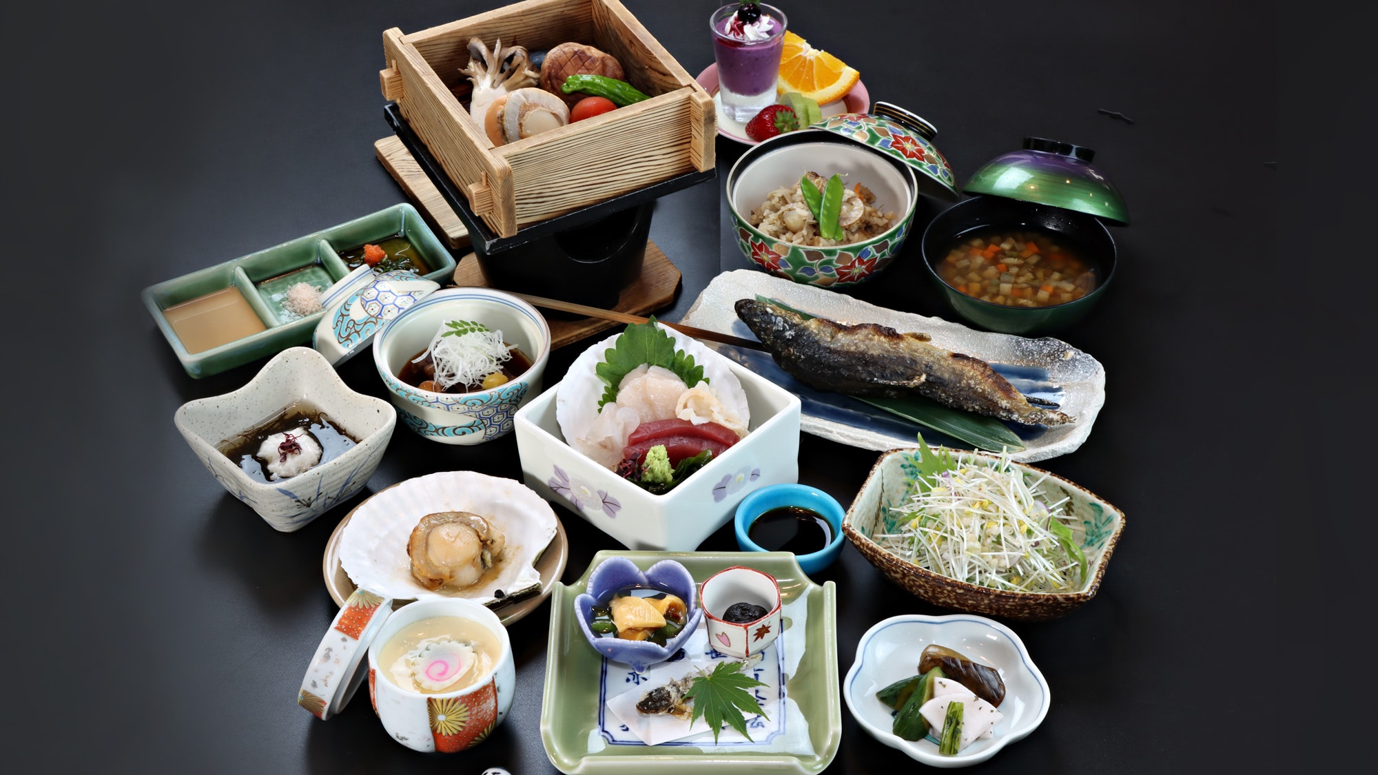Dinner image: Aomori local cuisine set menu: "Scallops", "Tsugaru traditional vegetable soba bean sprouts", "Keno soup"
