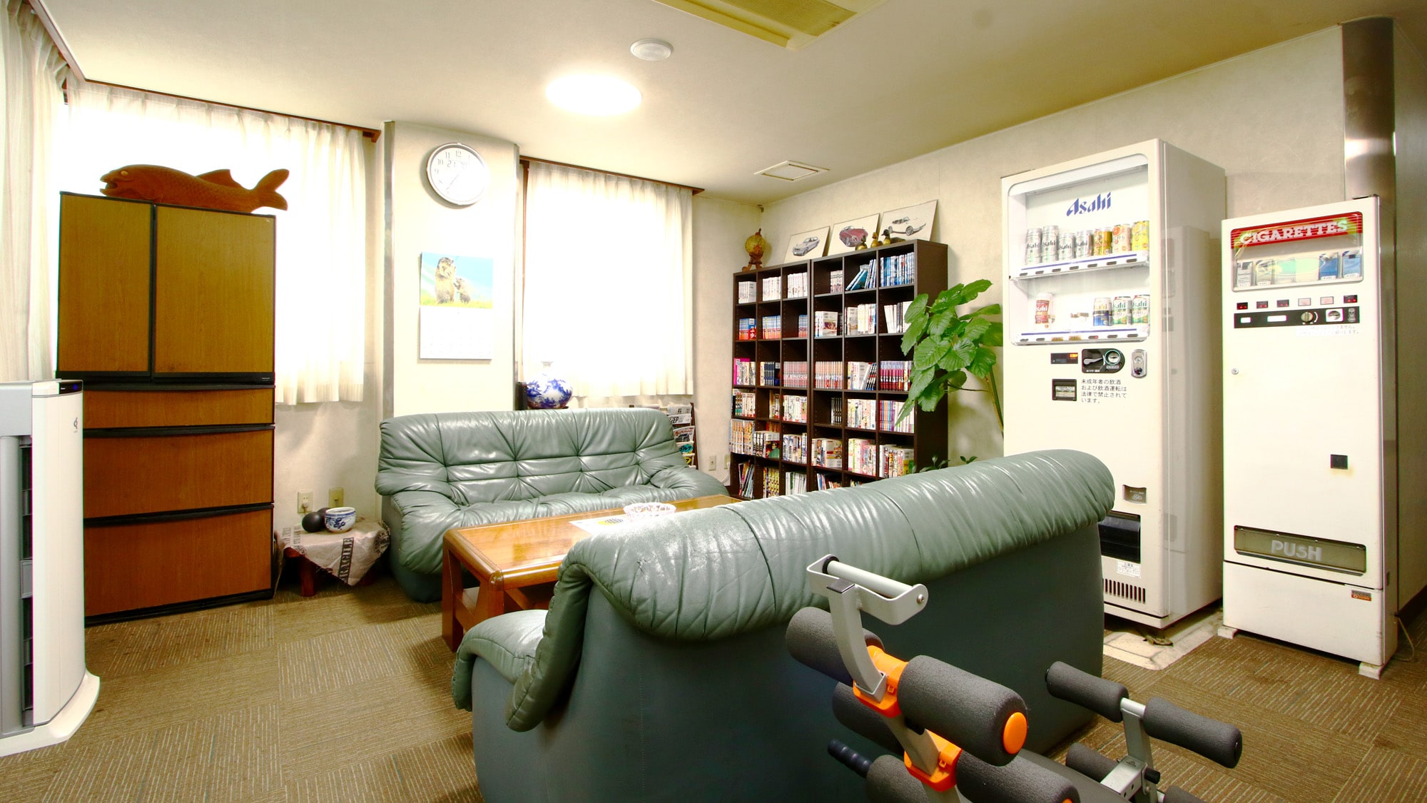 Inside the building: There is a manga corner, vending machines, and a rest area.
