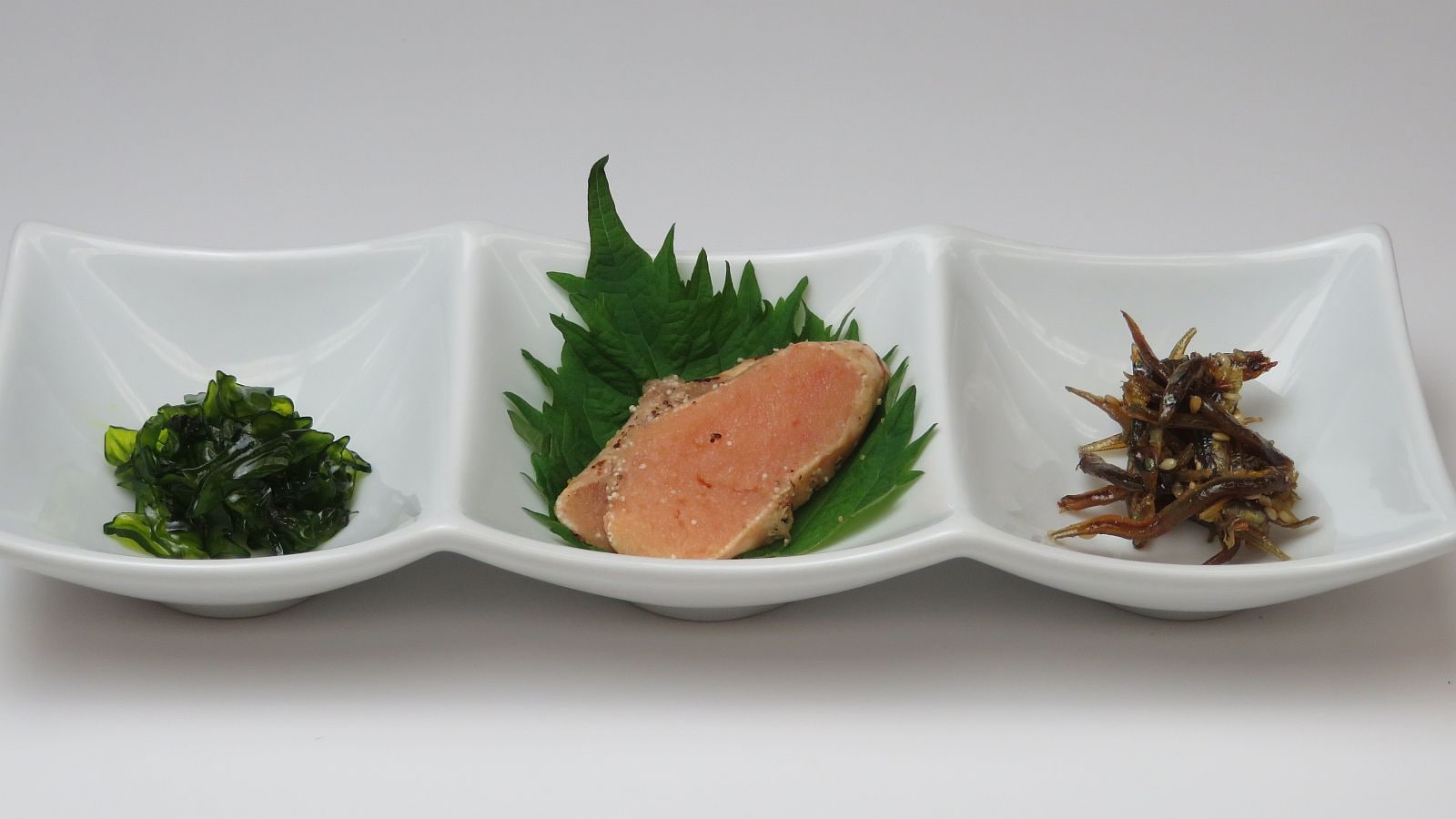Breakfast example: Triple (Shiso wakame, grilled cod roe, small fish)