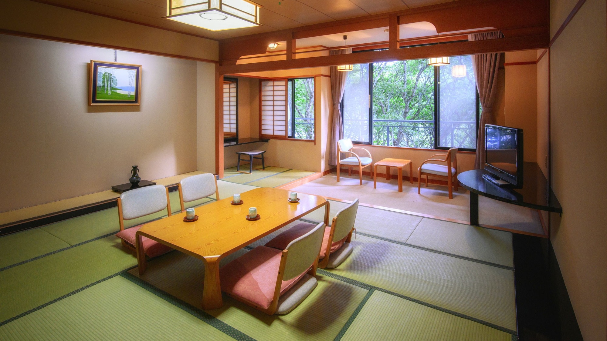 [J-Style Villa / Japanese-style room] A spacious space of 14.5 tatami mats with a beautiful mountain view from the window