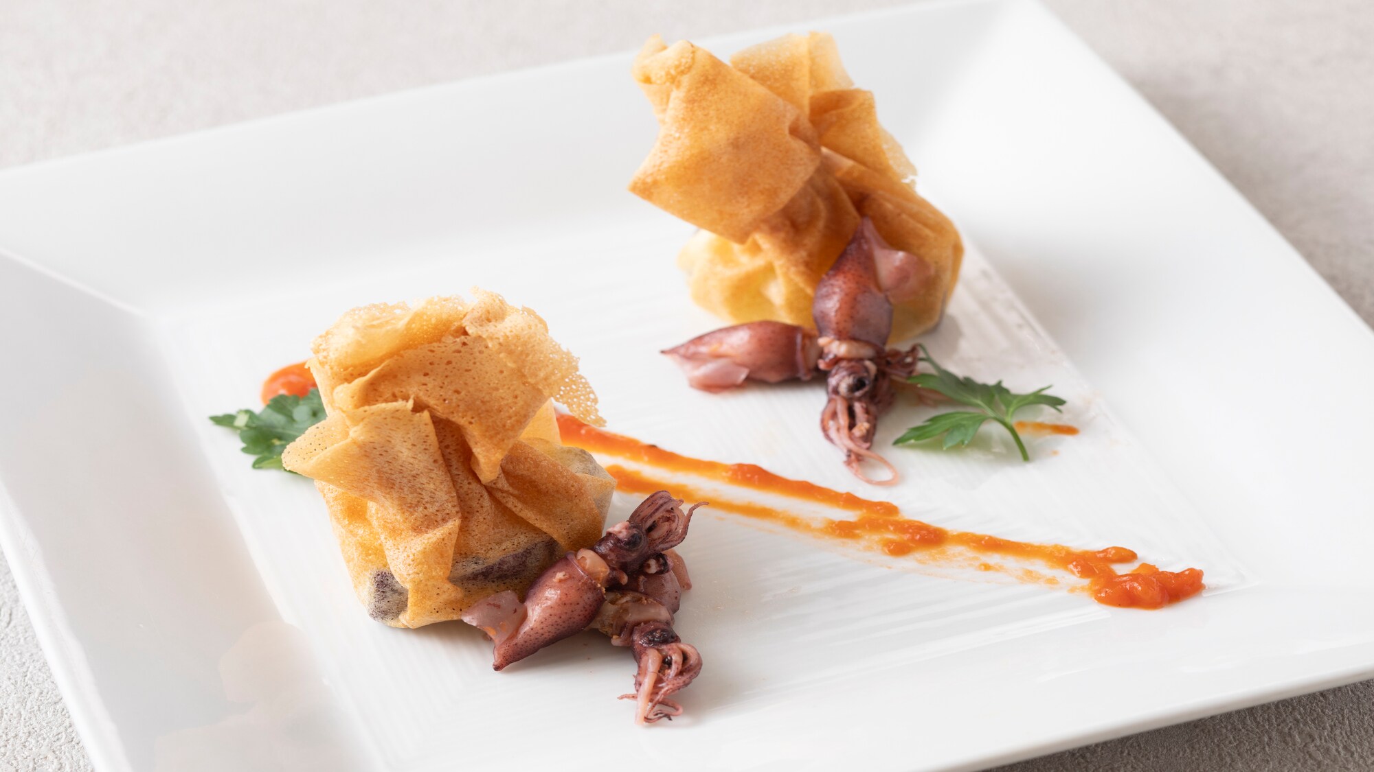 Firefly squid and bamboo shoots wrapped in pate brick (included in all courses)