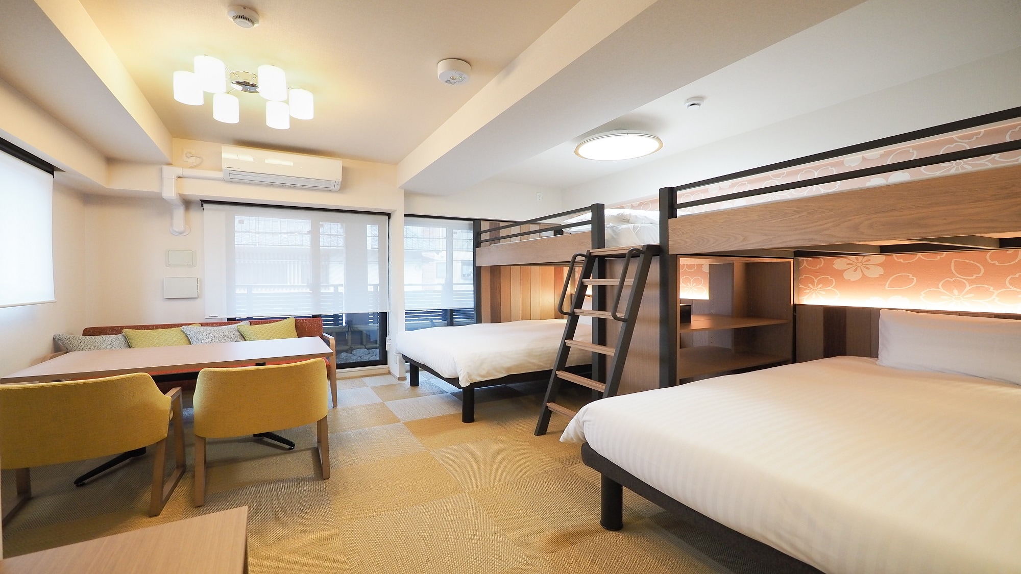 Twin & Loft Bed Family Room with Kitchen and Washing Machine