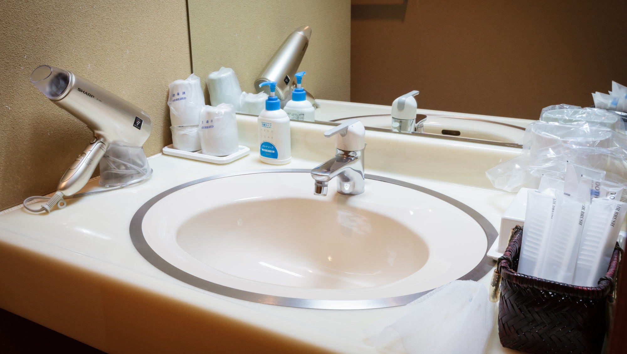An example of a guest room washbasin and amenities