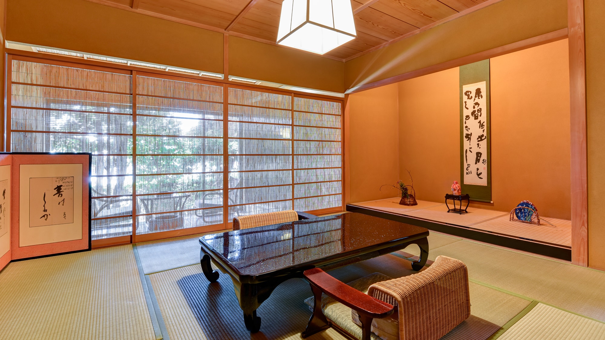 [Sweet with open-air bath, camellia] 9 tatami mats + 4.5 tatami mats + 3 tatami mats + indoor bath Summer outfit (summer shoji, bamboo blind)