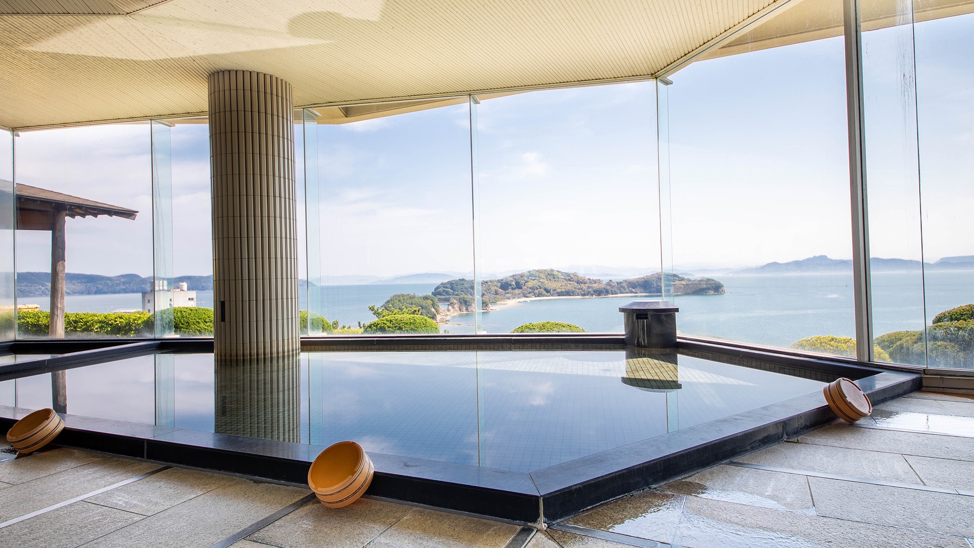 The hotel boasts a large public bath with a magnificent view