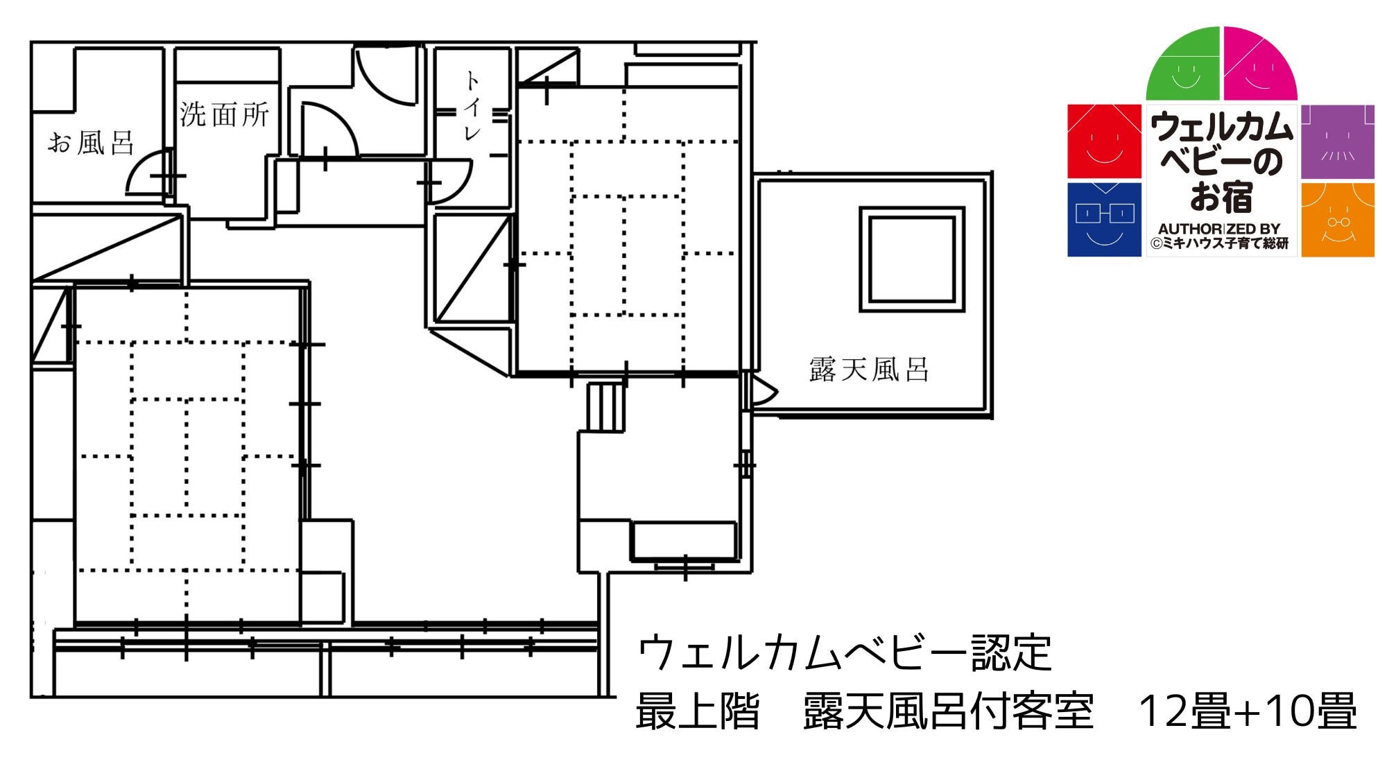 Top floor guest room with open-air bath, 12 tatami mats + 10 tatami mats, floor plan