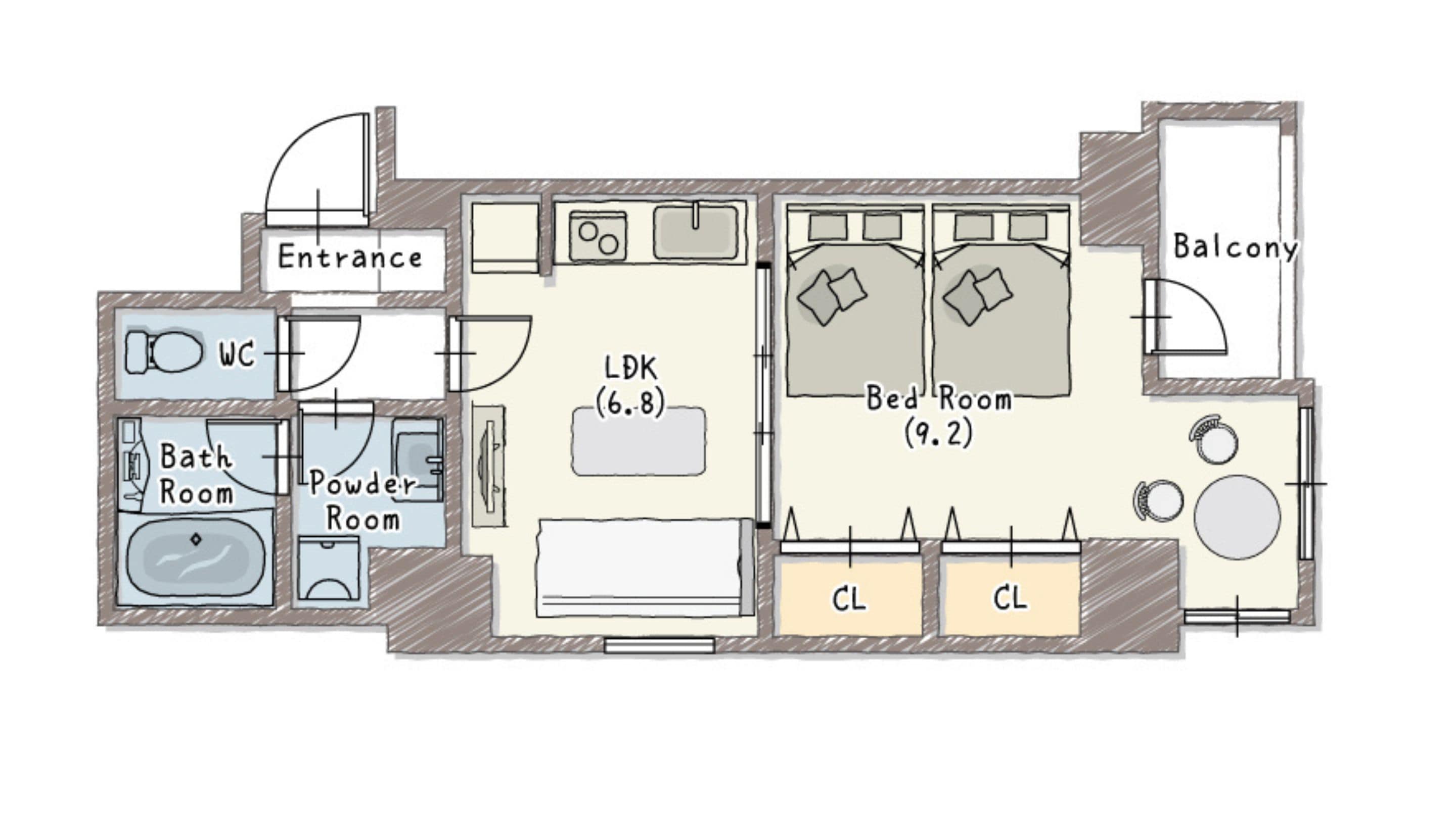 这是豪华好莱坞双床房的平面图。