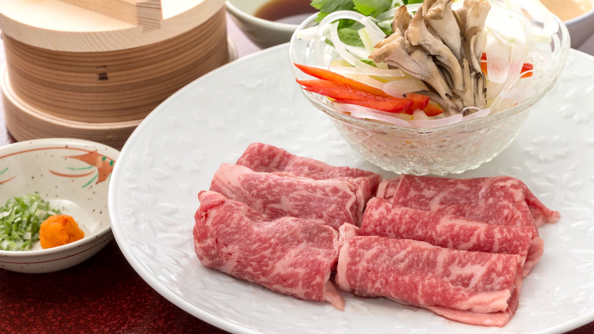 Specially selected domestic Wagyu beef steamed in a bamboo steamer