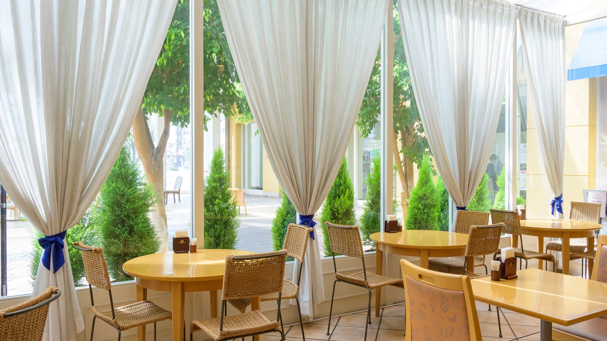 Take a break in the restaurant bathed in soft sunlight.