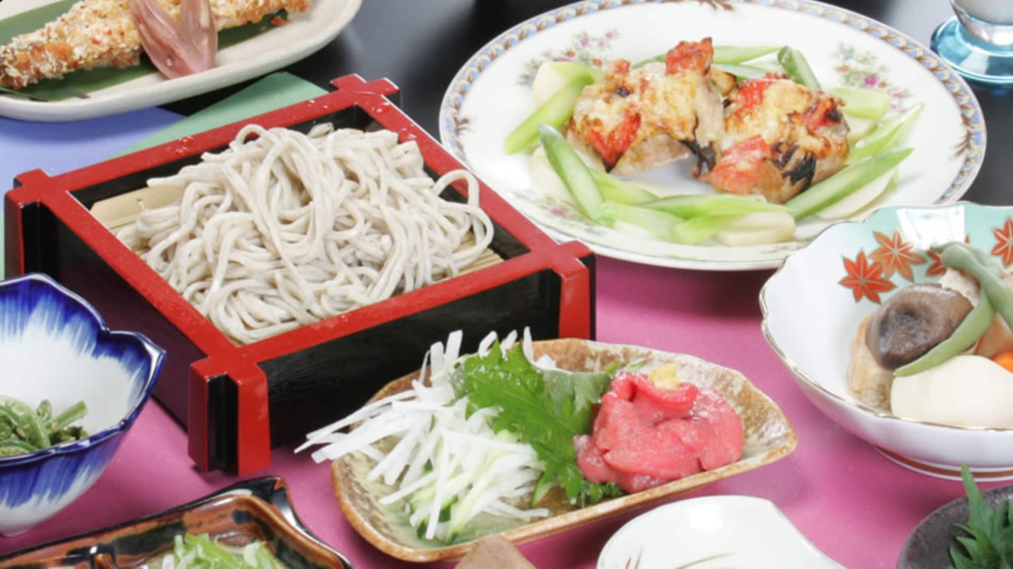 *Dinner example: Handmade soba noodles with a choice of hot pot, fish dishes, and small side dishes. *Some of the food photos have been changed to hot pot and shabu-shabu.