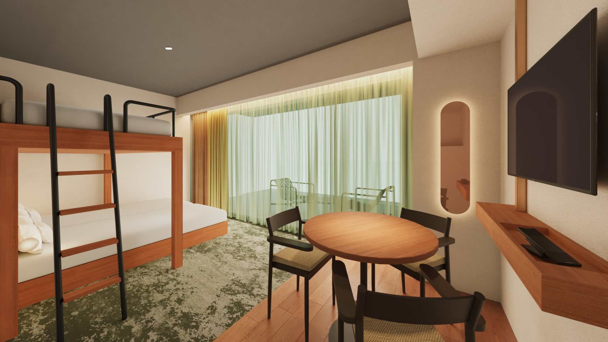 [高级露台三人双层床] 客房配备 2 张床和 1 张双层床，设有开放式露台和厨房