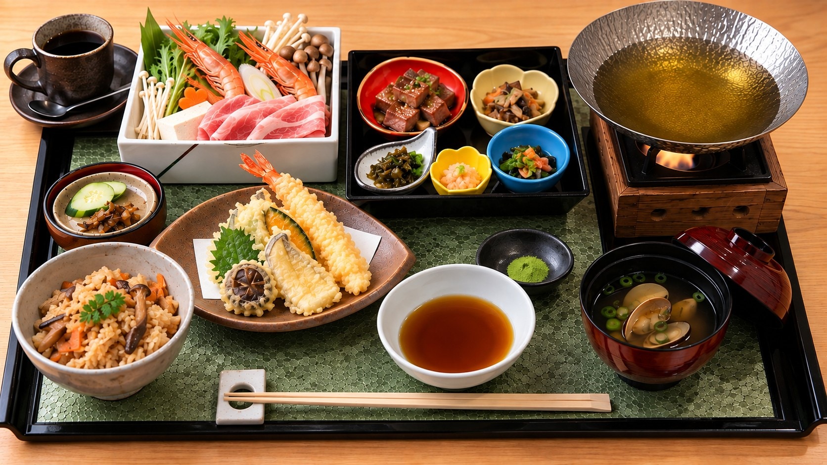 肥前御膳套餐以嬉野茶猪肉火锅和佐贺牛肉迷你丁为特色