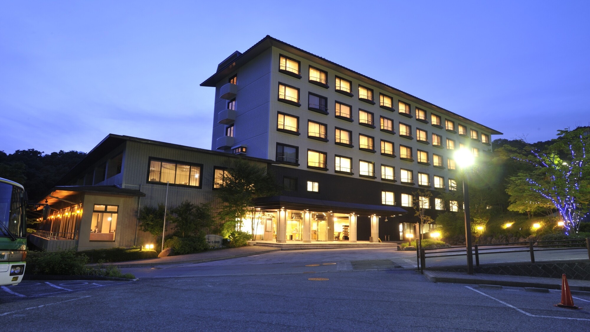 Hotel building exterior at night