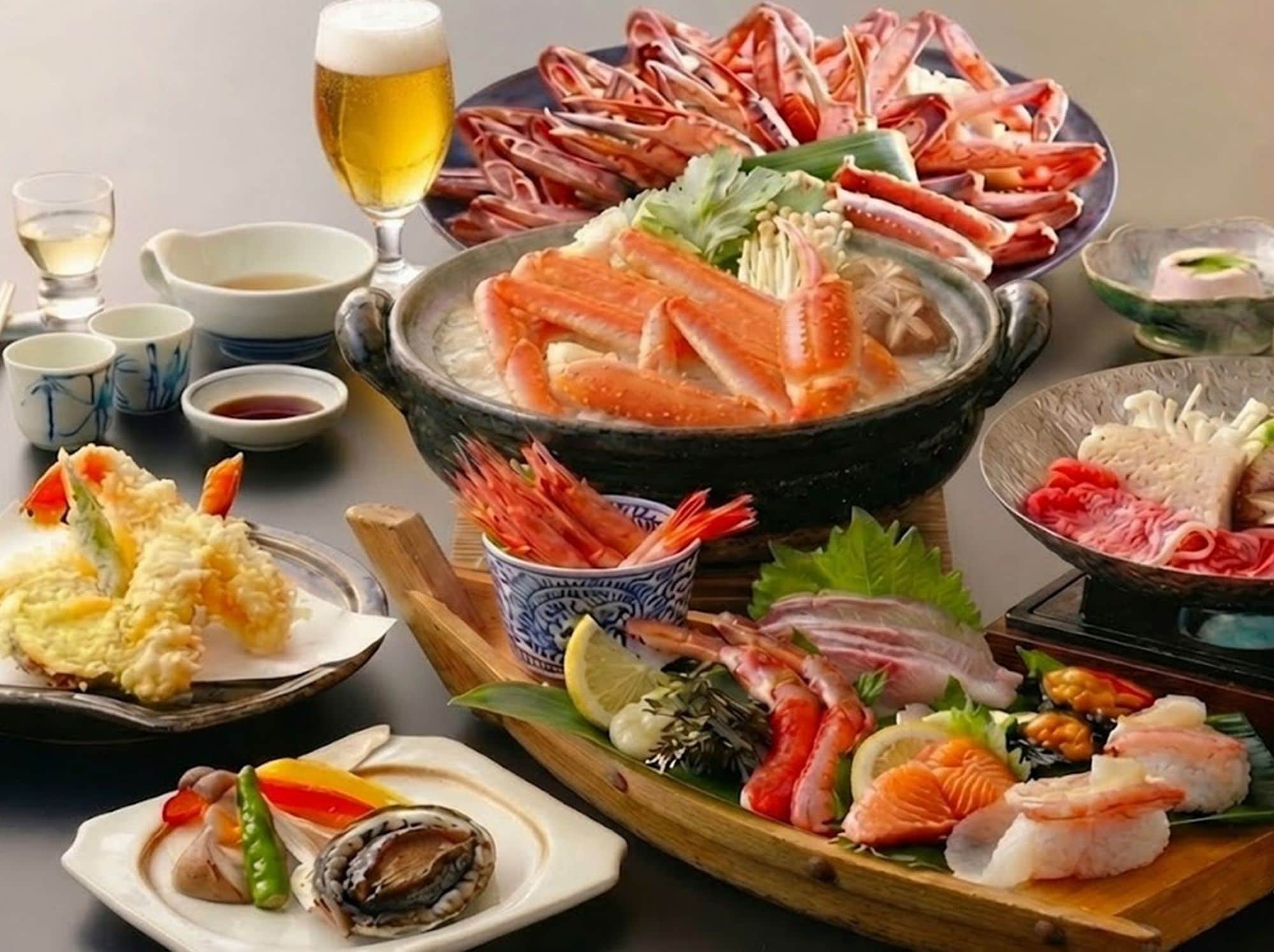 Ví dụ thực đơn tiệc: Cua suki cỡ nhỏ x bào ngư tươi sống x thịt bò Tajima x đĩa hải sản mùa đông x cua nướng